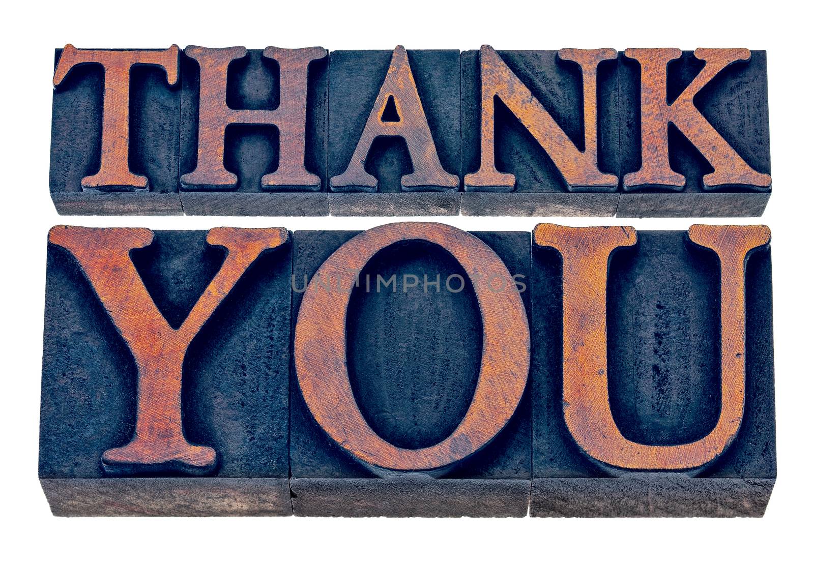 thank you  - isolated text in vintage letterpress wood type printing blocks stained by blue and orange inks