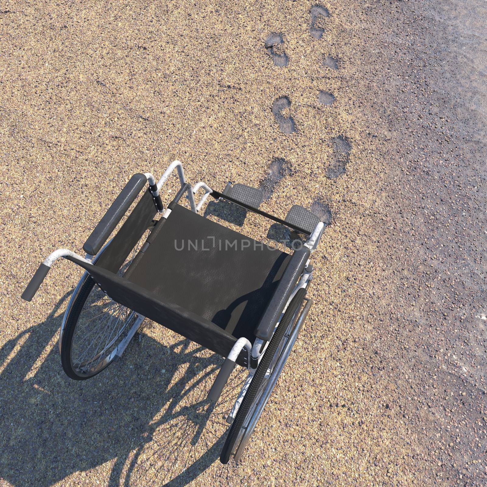 Empty wheelchair on a beach of sand with footprints concept background