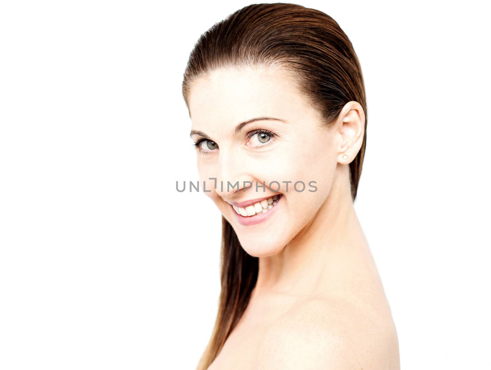 Sideways of woman with bare shoulders