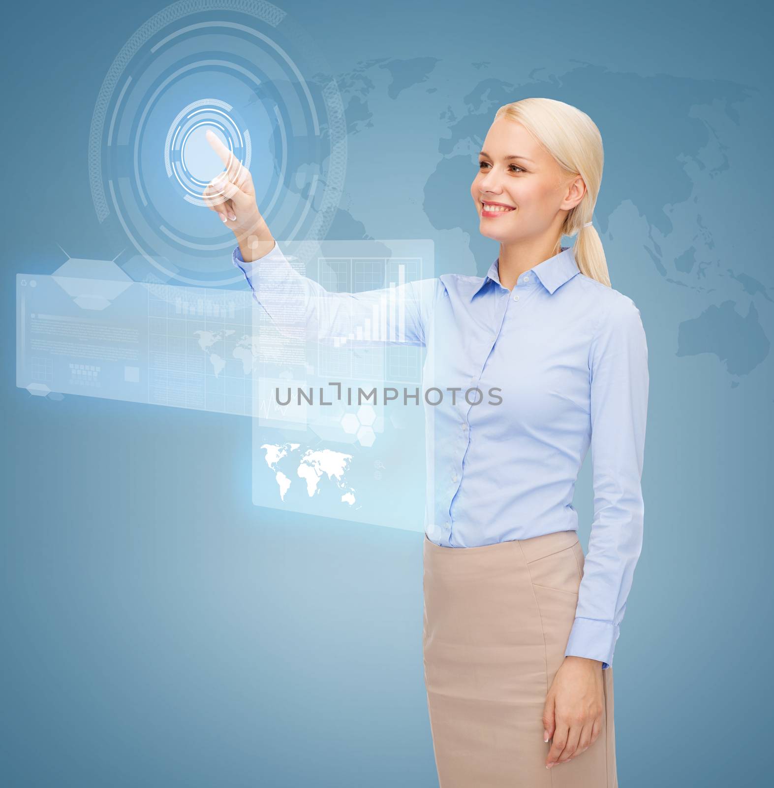 business, future and technology concept - young businesswoman working with virtual screen