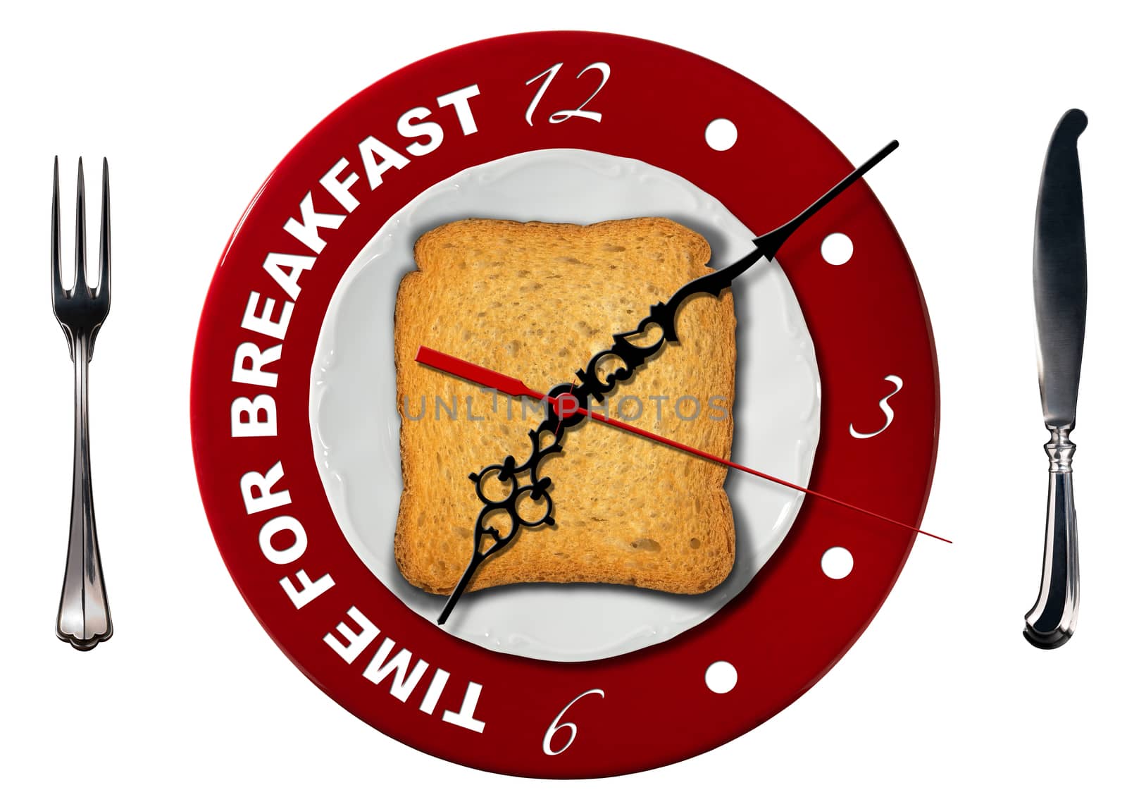 Clock composed by a white plate, red underplate and rusk with silver fork and knife isolated on white background. Text, Time for breakfast