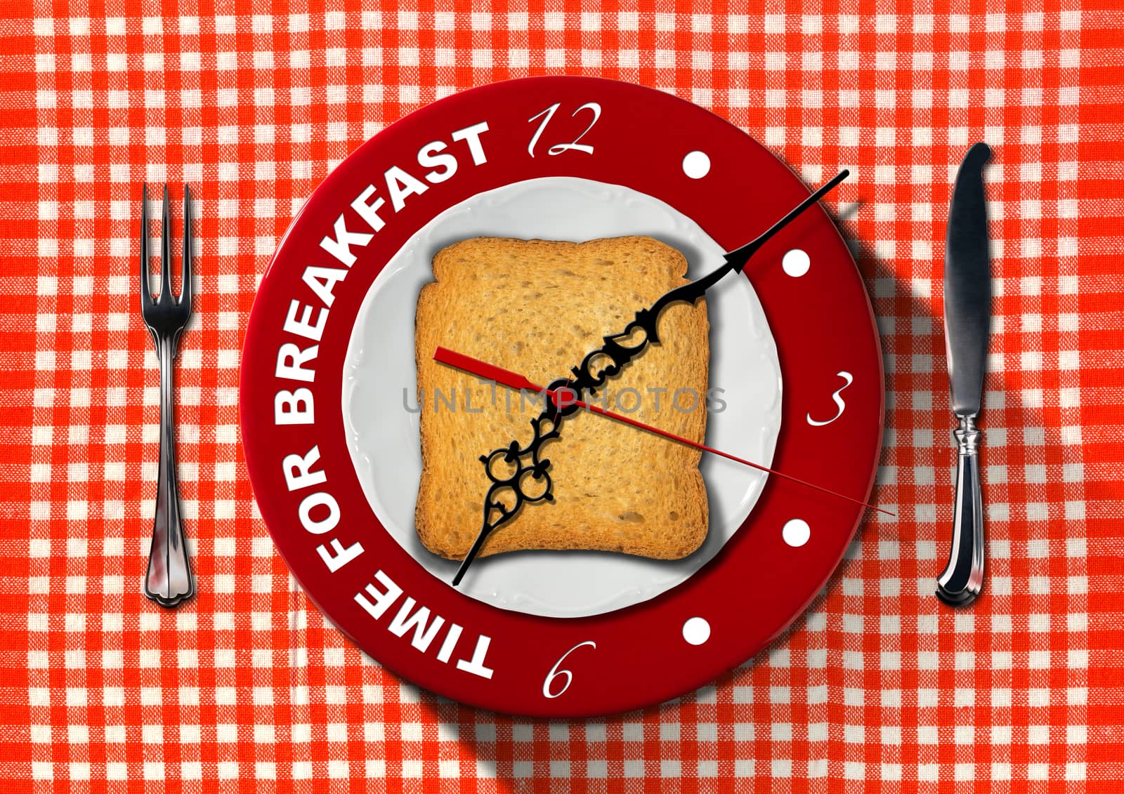 Clock composed by a white plate, red underplate and rusk on red and white tablecloth with silver cutlery. Text, Time for breakfast