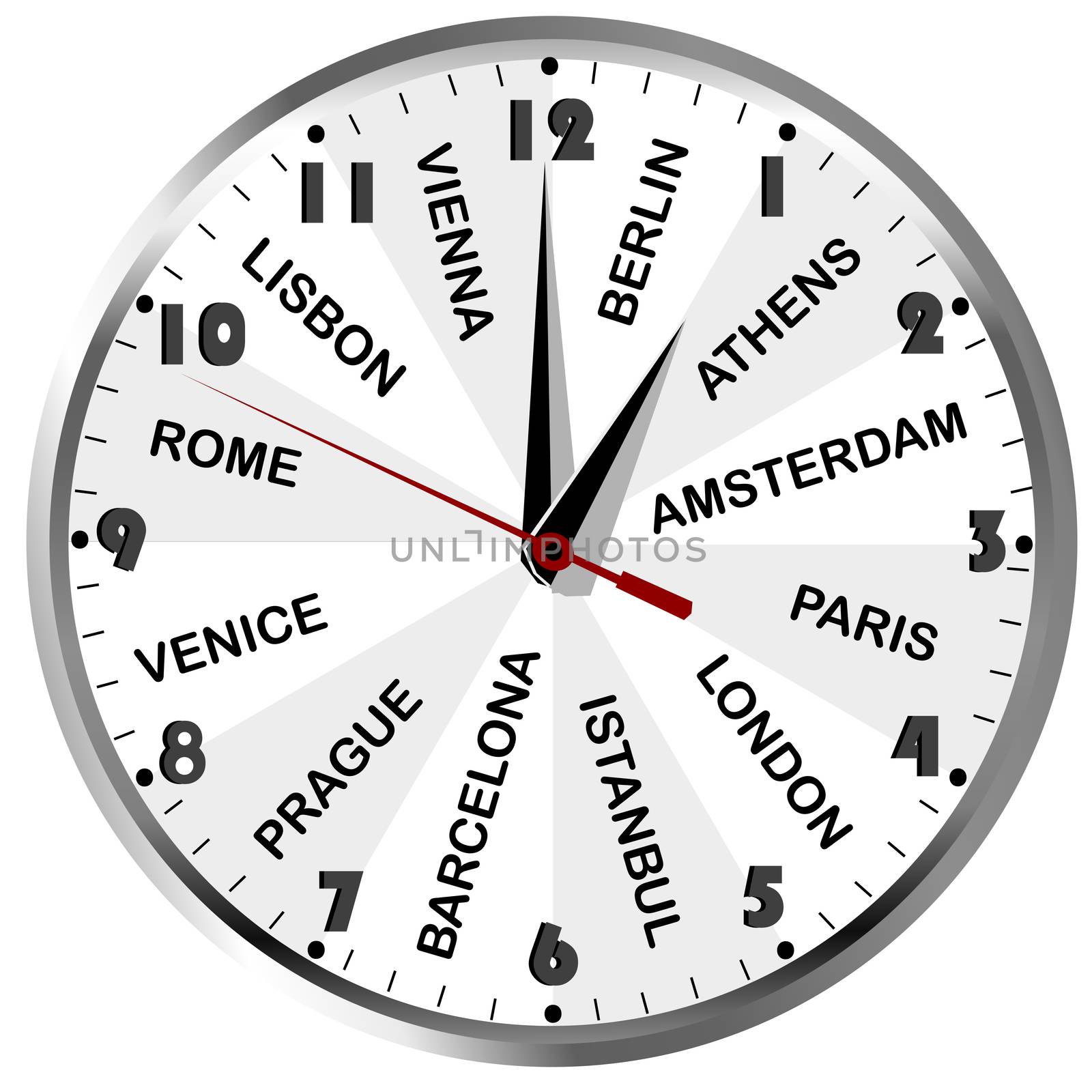 Wall clock with European city names for travel agency
