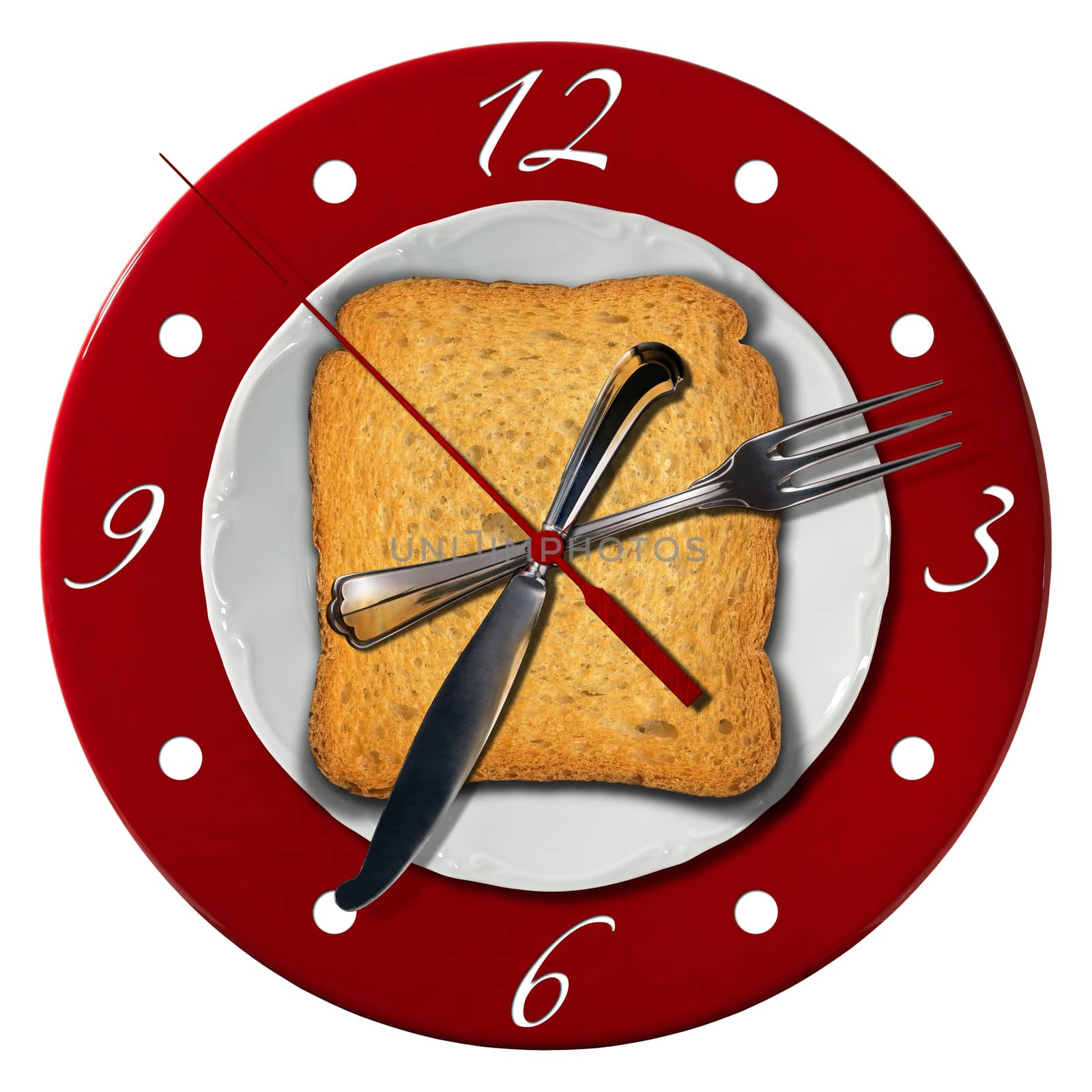 Clock composed by a white plate and a red underplate with fork and knife in the place of the clock hands with a rusk. Breakfast time concept 