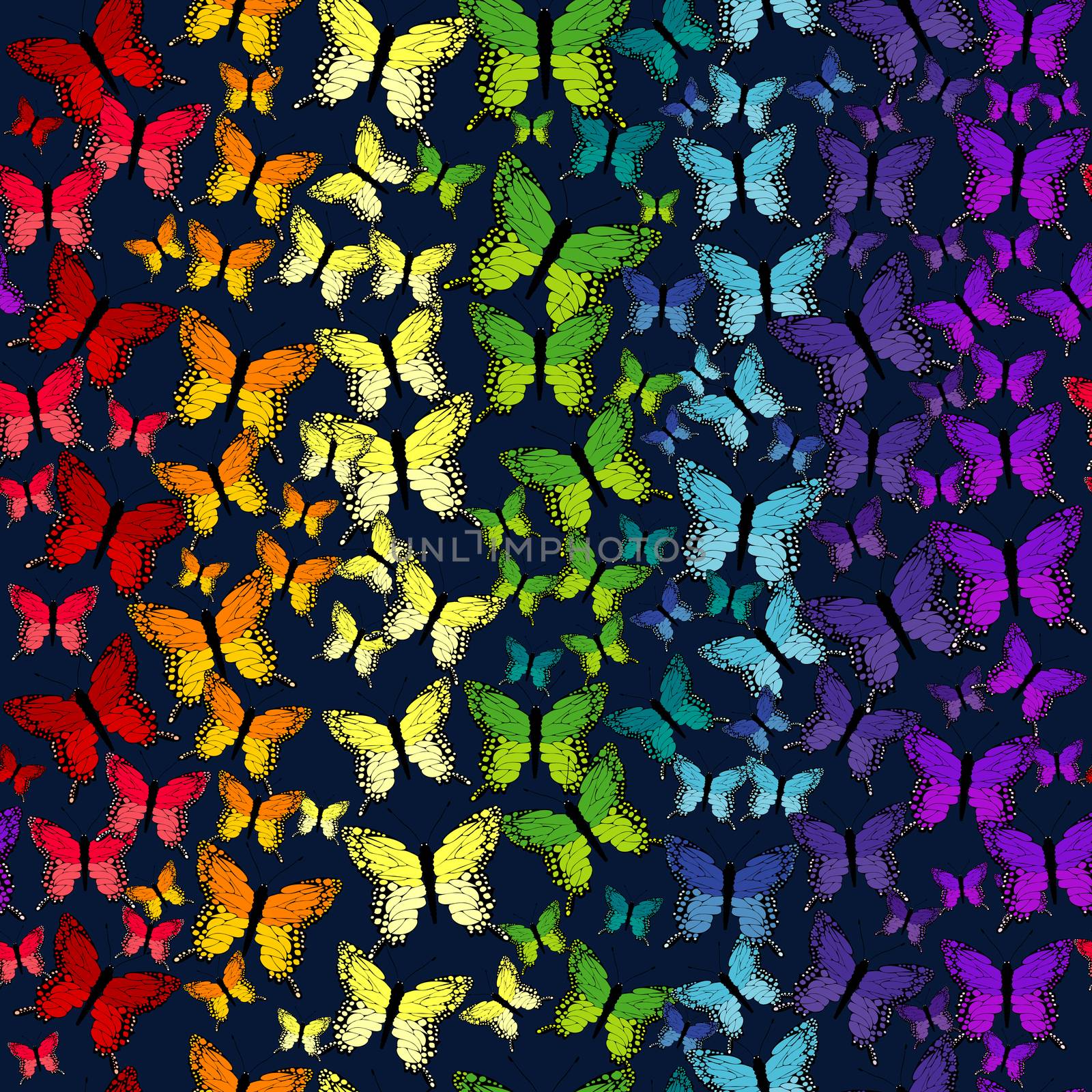 Rainbow butterflies seamless pattern over black background
