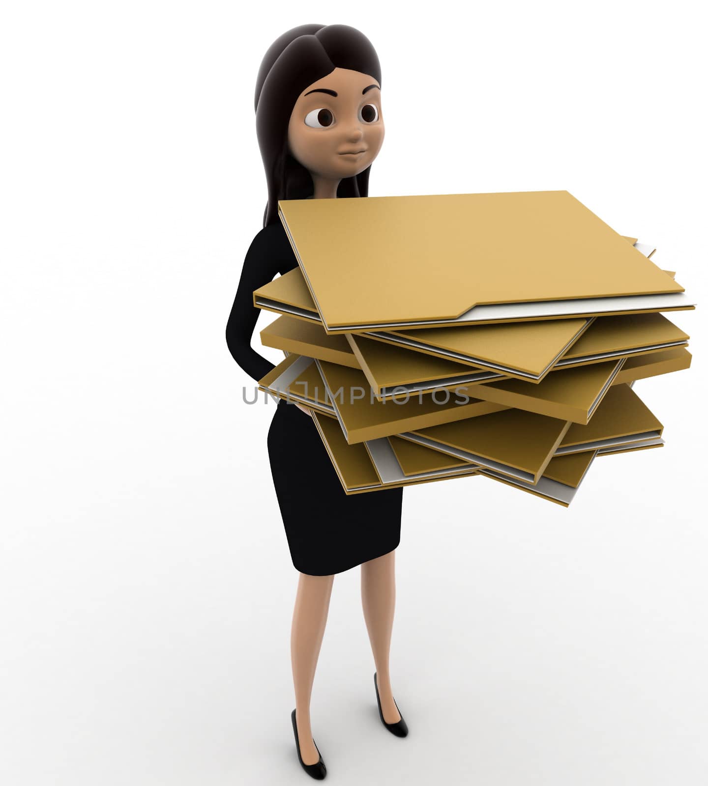 3d woman holding lots of file folders in hand concept on white background, front angle view