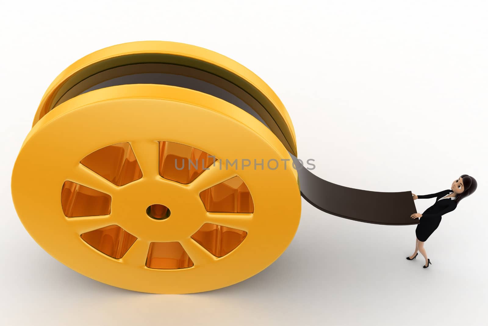 3d woman pull film from big film roll concept on white background, top angle view