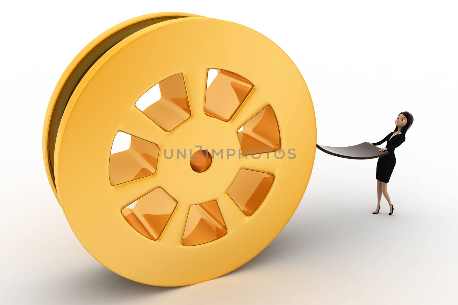 3d woman pull film from big film roll concept on white background, front angle view