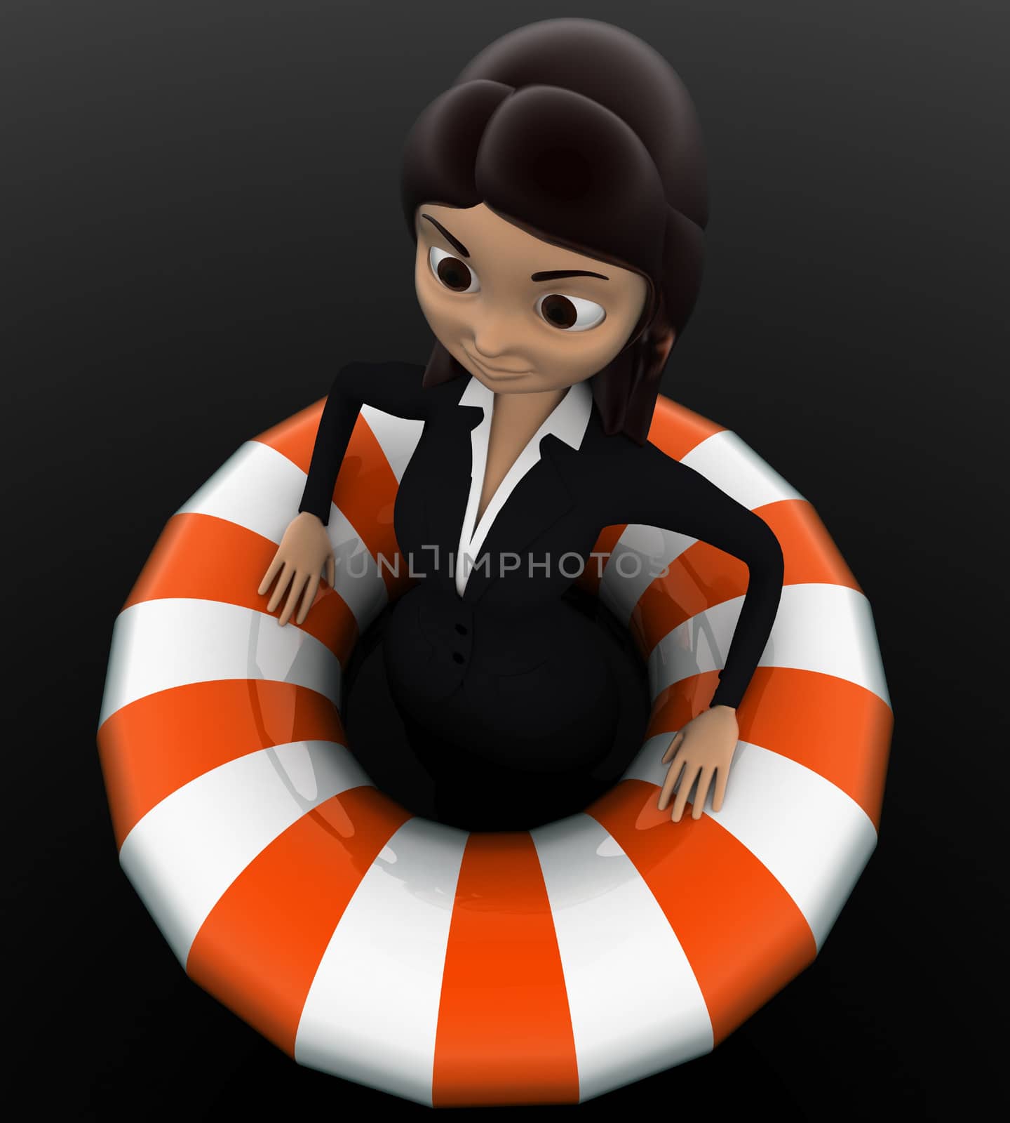 3d woman float with life saver floating tube concept on white background, top angle view