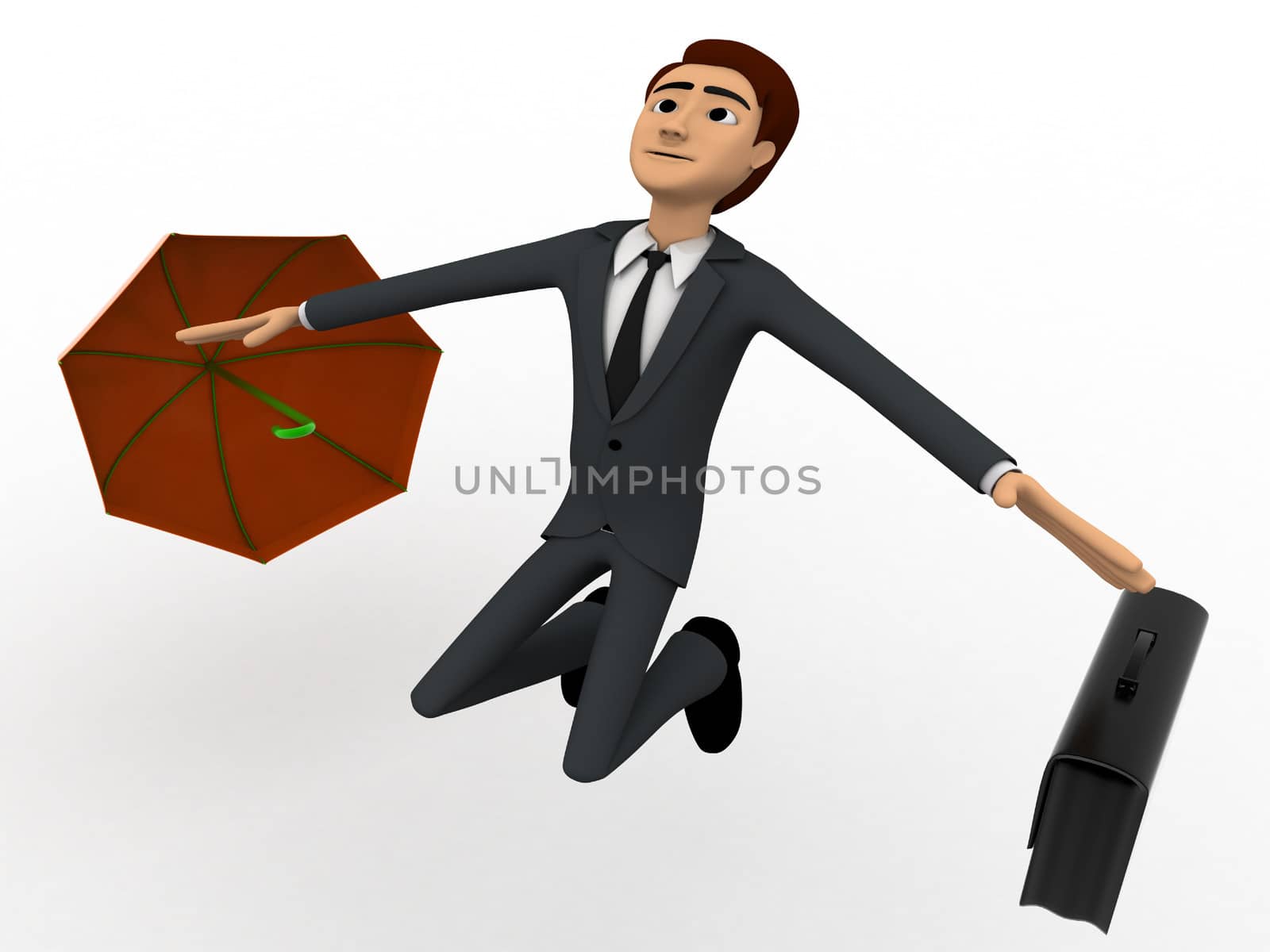 3d man happy and jump with briefcase and umbrella concept on white background, front side angle view