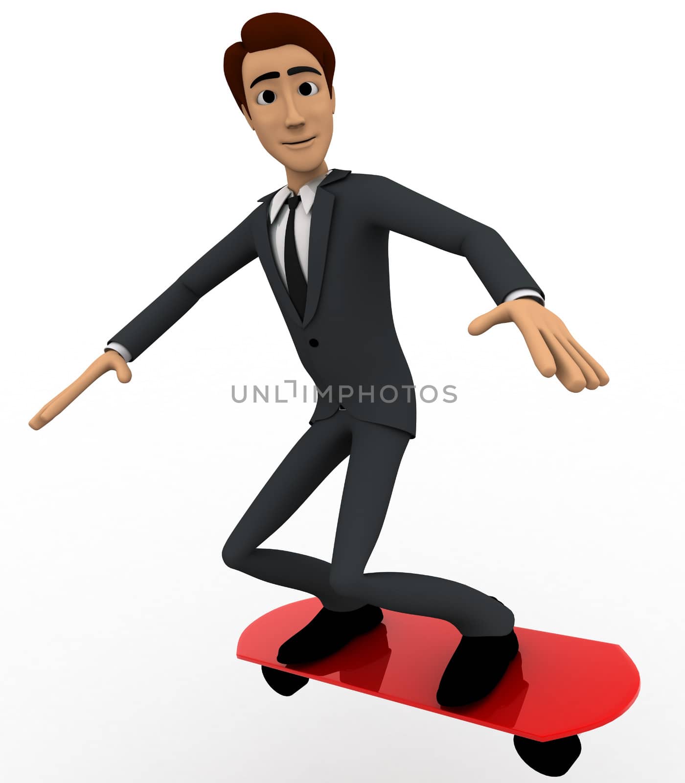3d man jumping with red skateboard concept on white background, front side angle view