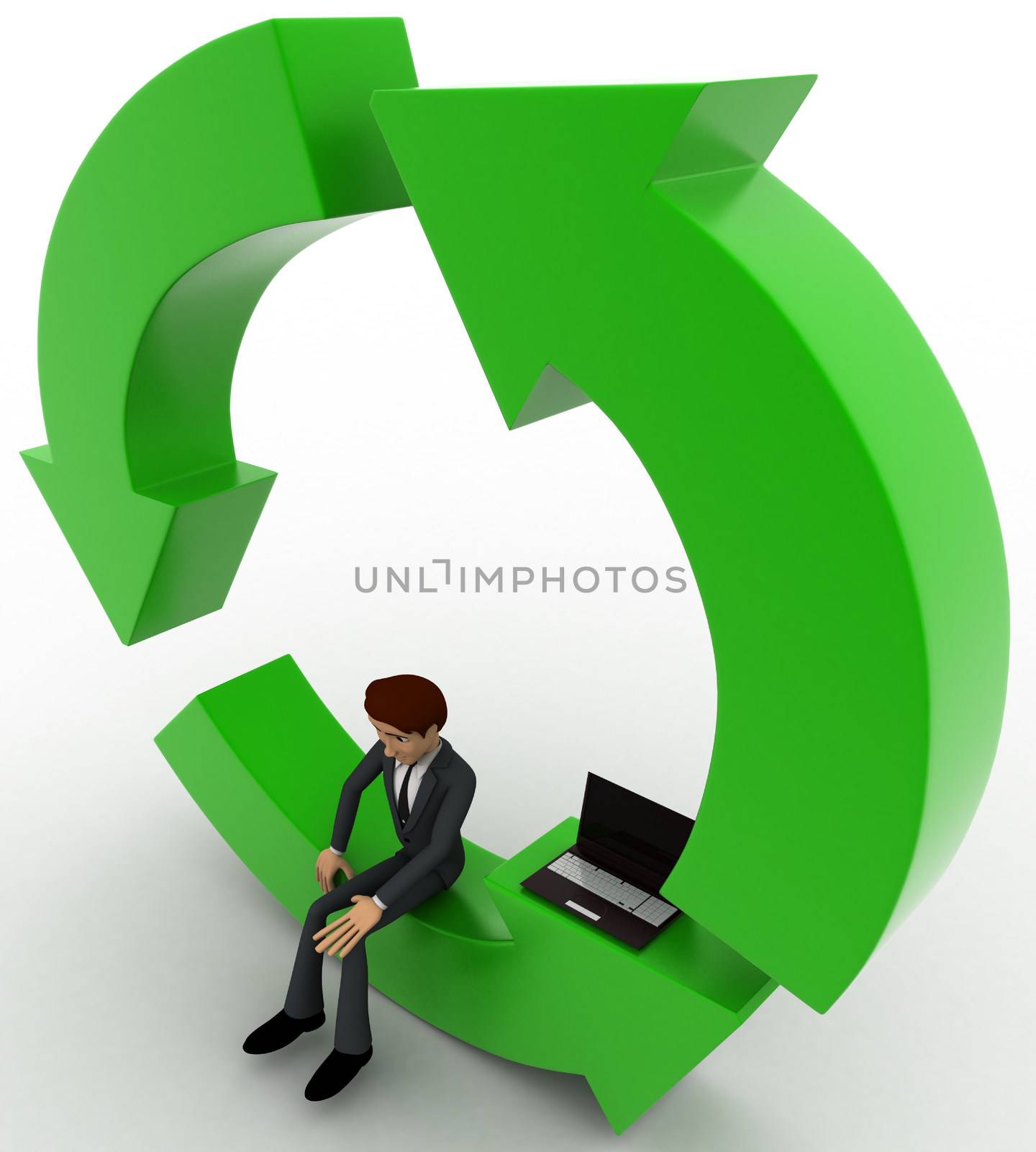 3d man sitting inside green circular arrows concept by touchmenithin@gmail.com