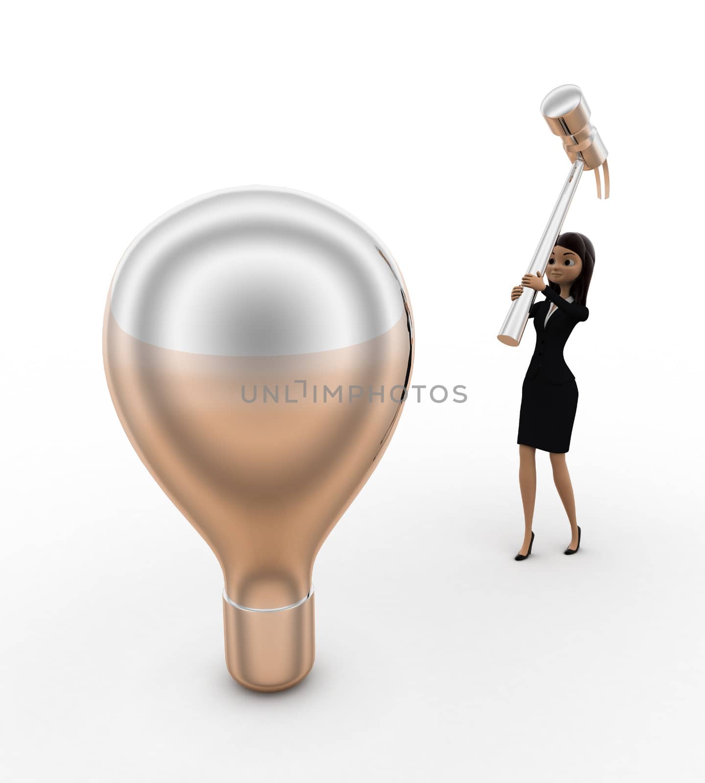 3d woman about hit silver bulb with big hammer concept on white background, front angle view