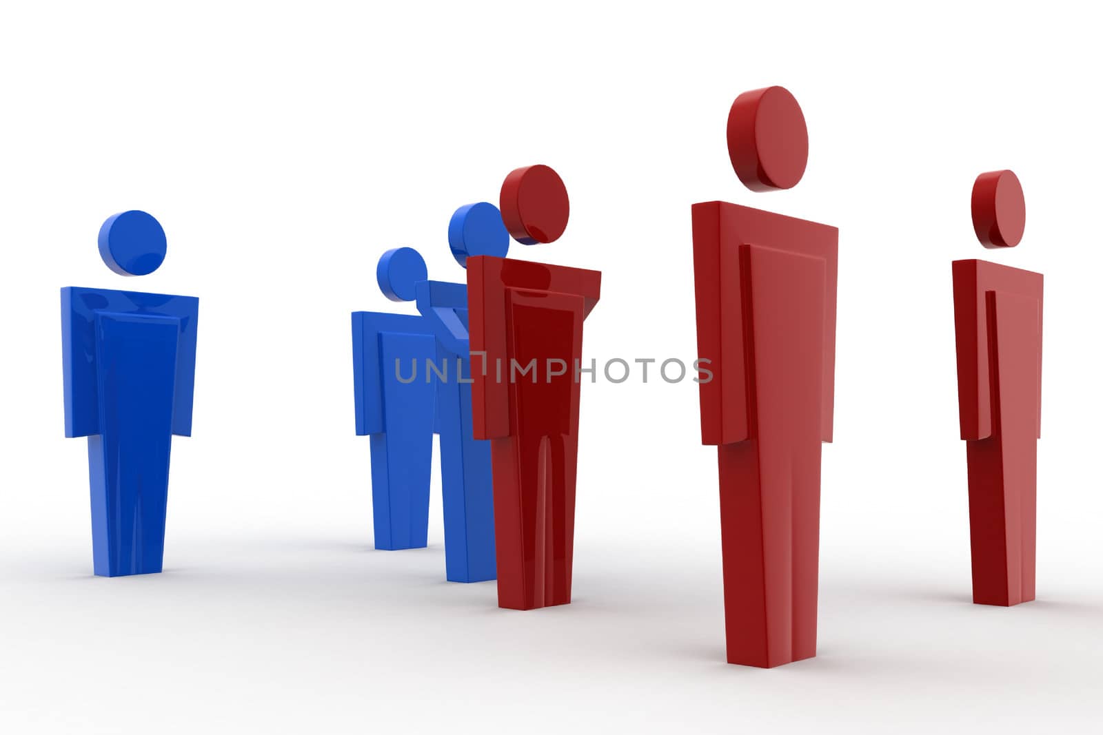 3d men meet concept on white background, front angle view