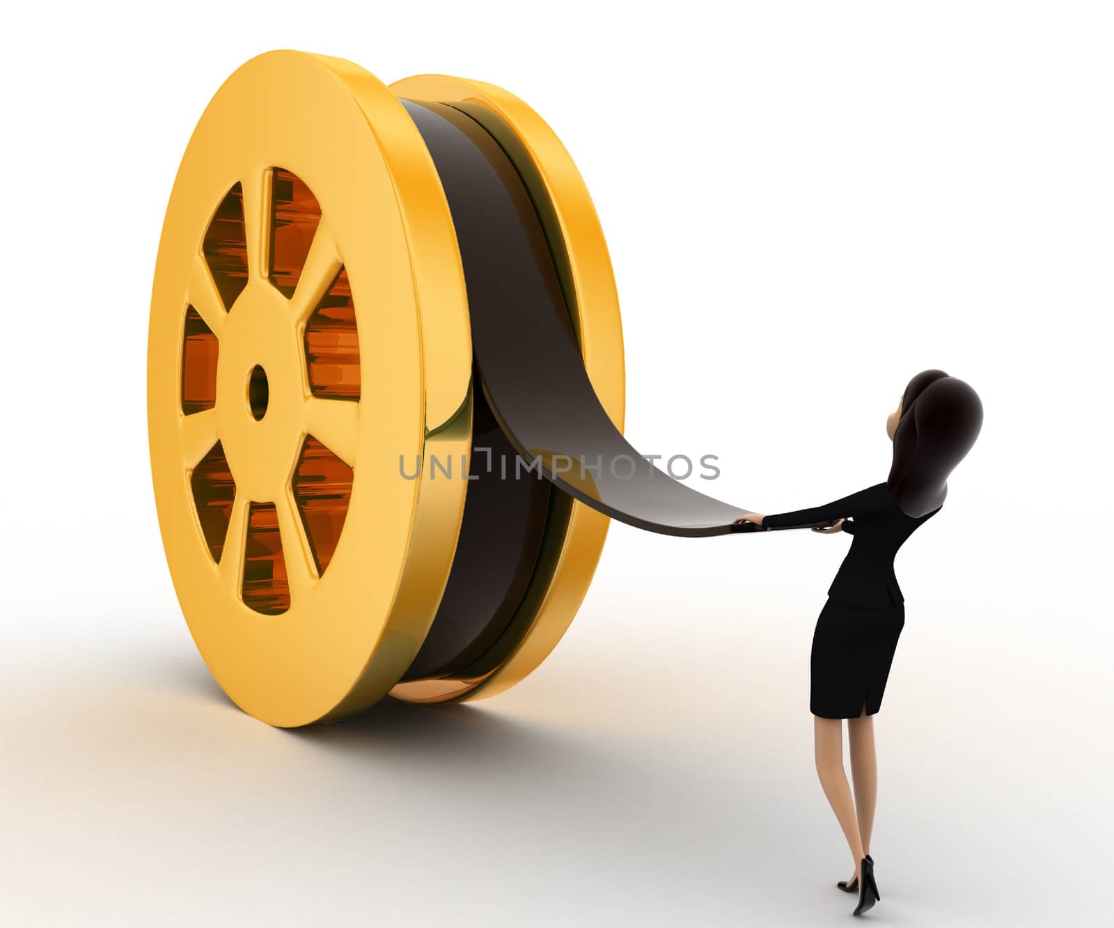 3d woman pull film from big film roll concept on white background,  side angle view