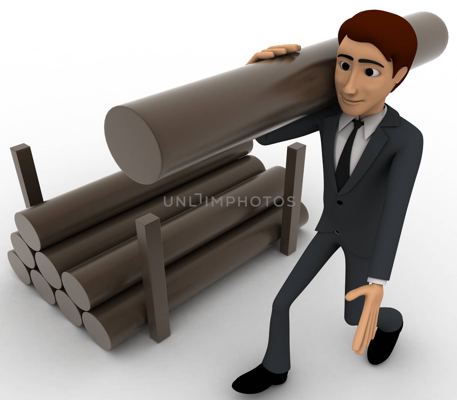 3d man carry big wooden trunk on shoulder concept on white background, side angle view