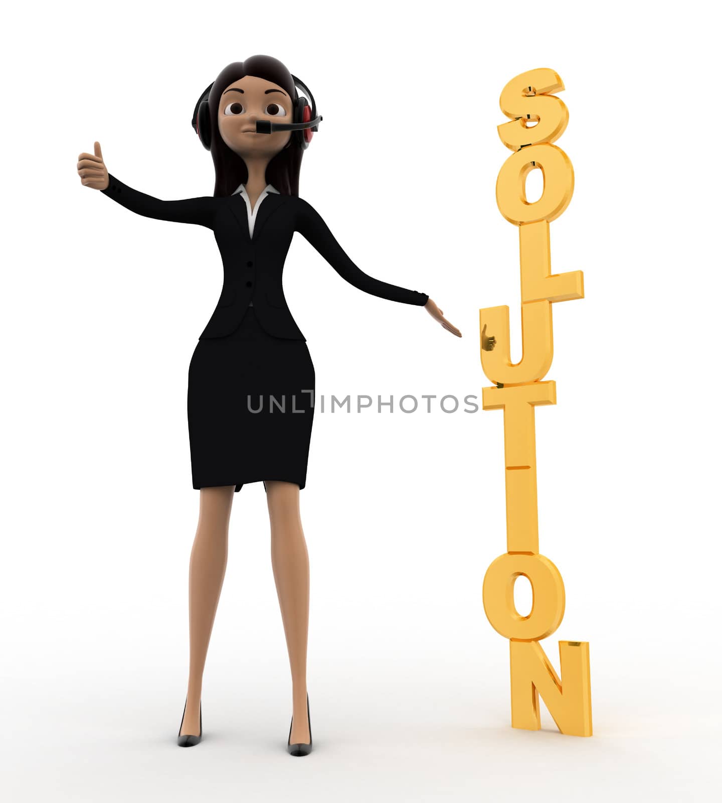 3d woman ready for solution service with headphone 24 and 7 concept on white background, front angle view