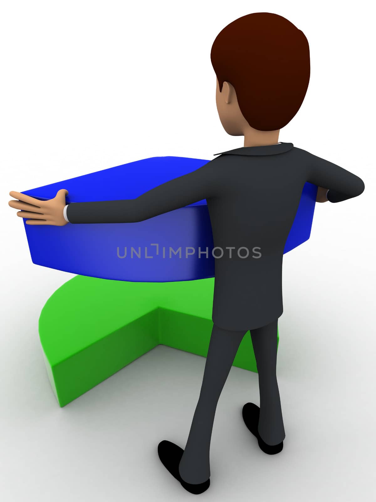 3d man holding small blue part of pie graph concept on white background, back angle view