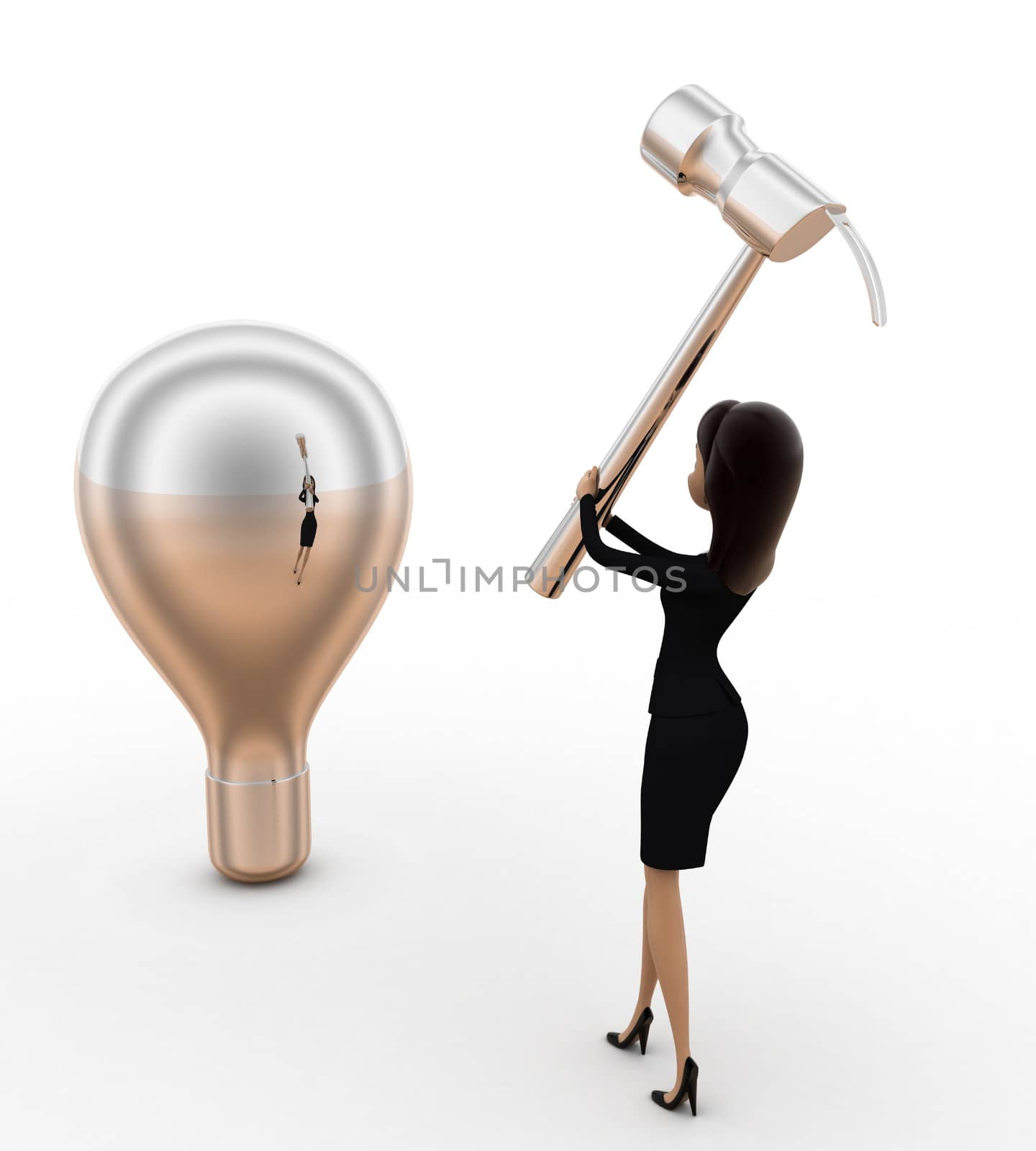 3d woman about hit silver bulb with big hammer concept by touchmenithin@gmail.com