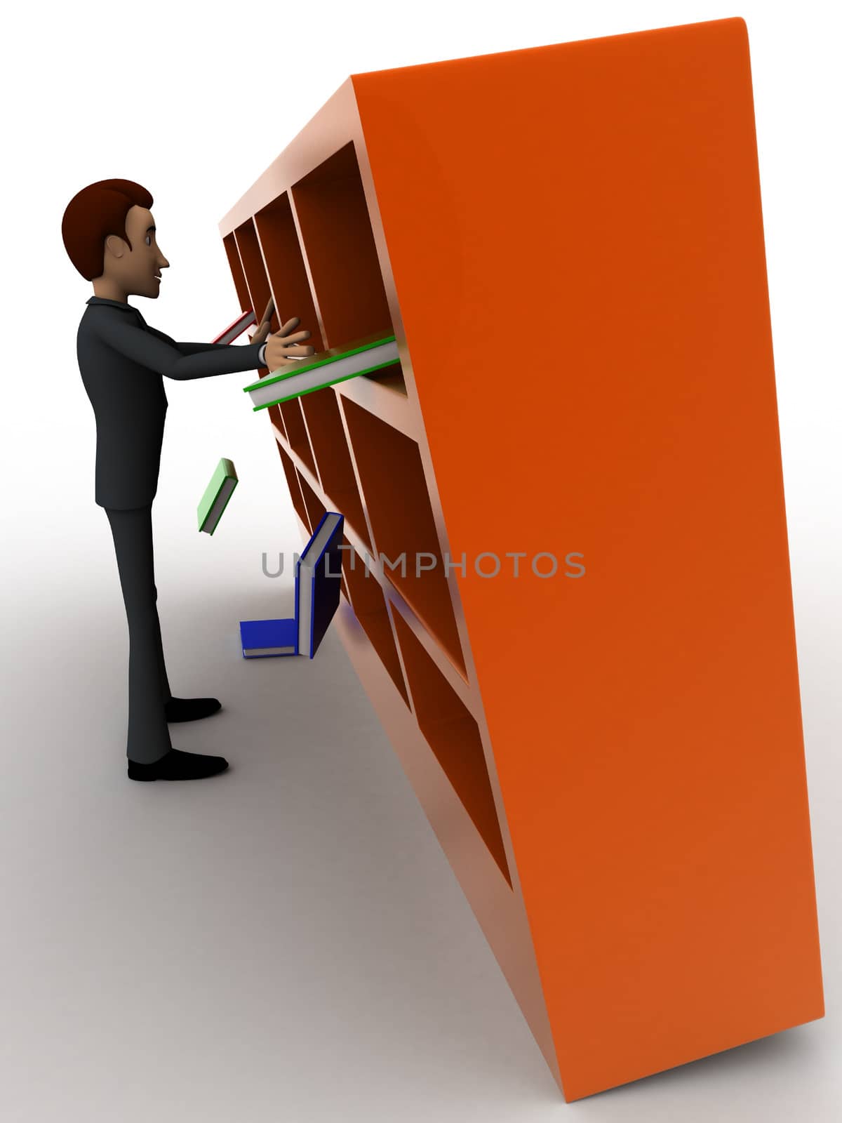 3d man under falling books and book shelf concept by touchmenithin@gmail.com