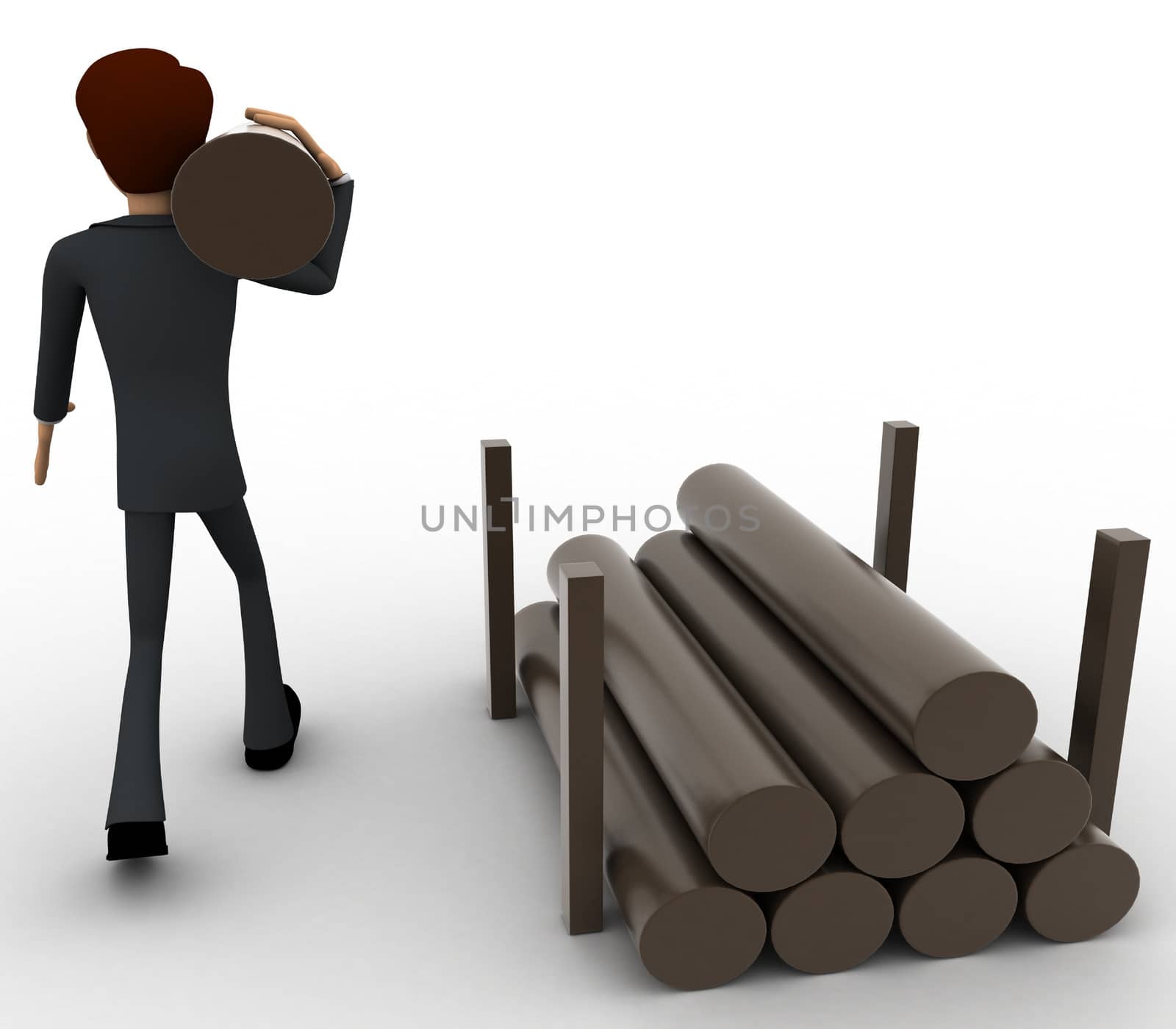 3d man carry big wooden trunk on shoulder concept on white background, back angle view