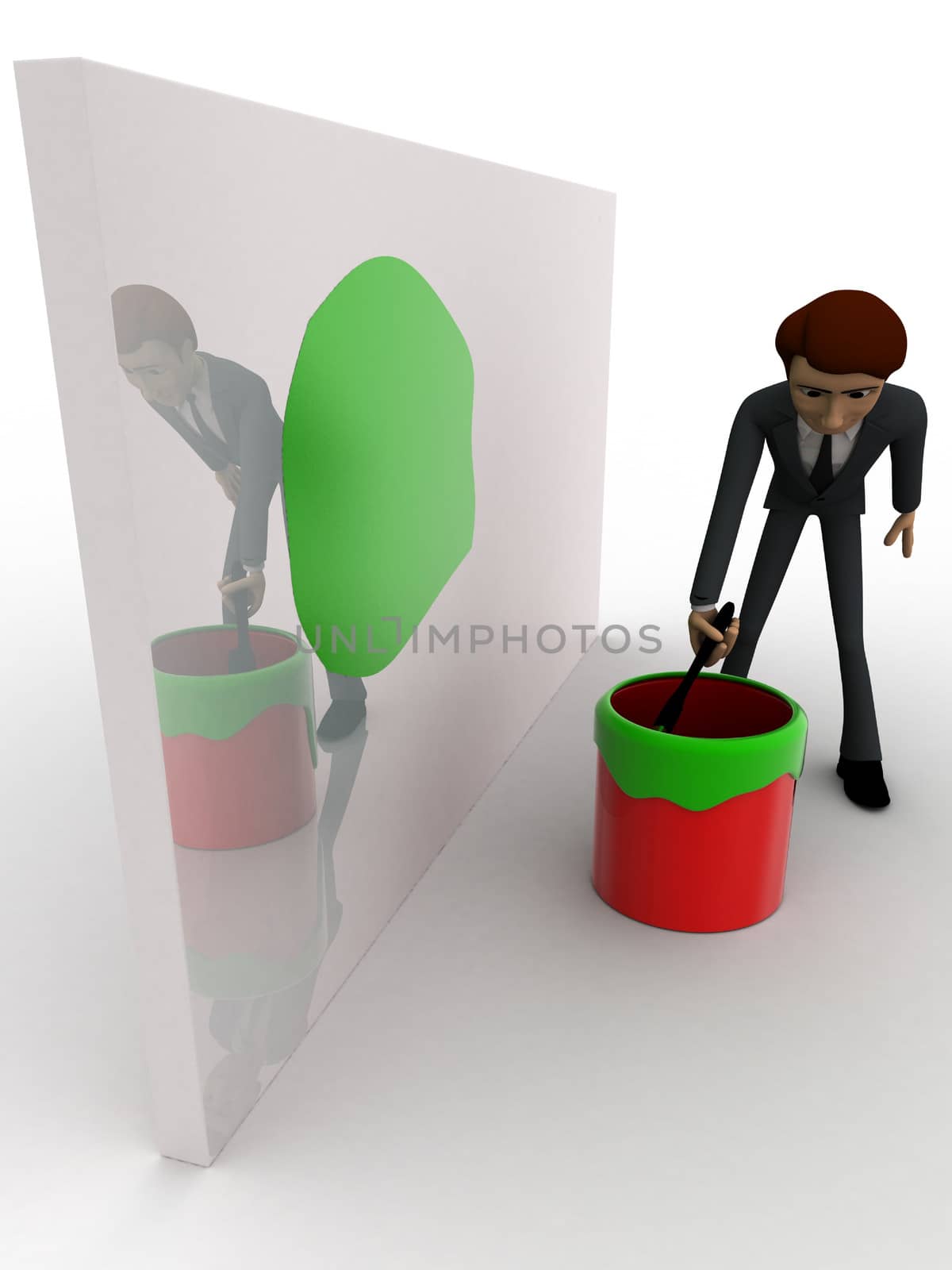 3d man painting green on wall using brush and paint bucket concept by touchmenithin@gmail.com