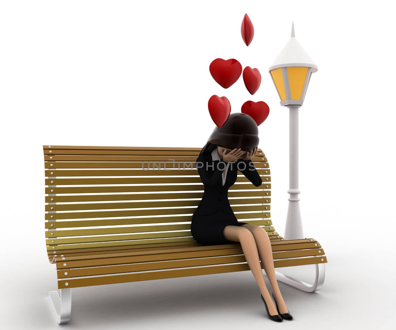 3d woman sitting on batch and in love with hearts flying concept by touchmenithin@gmail.com