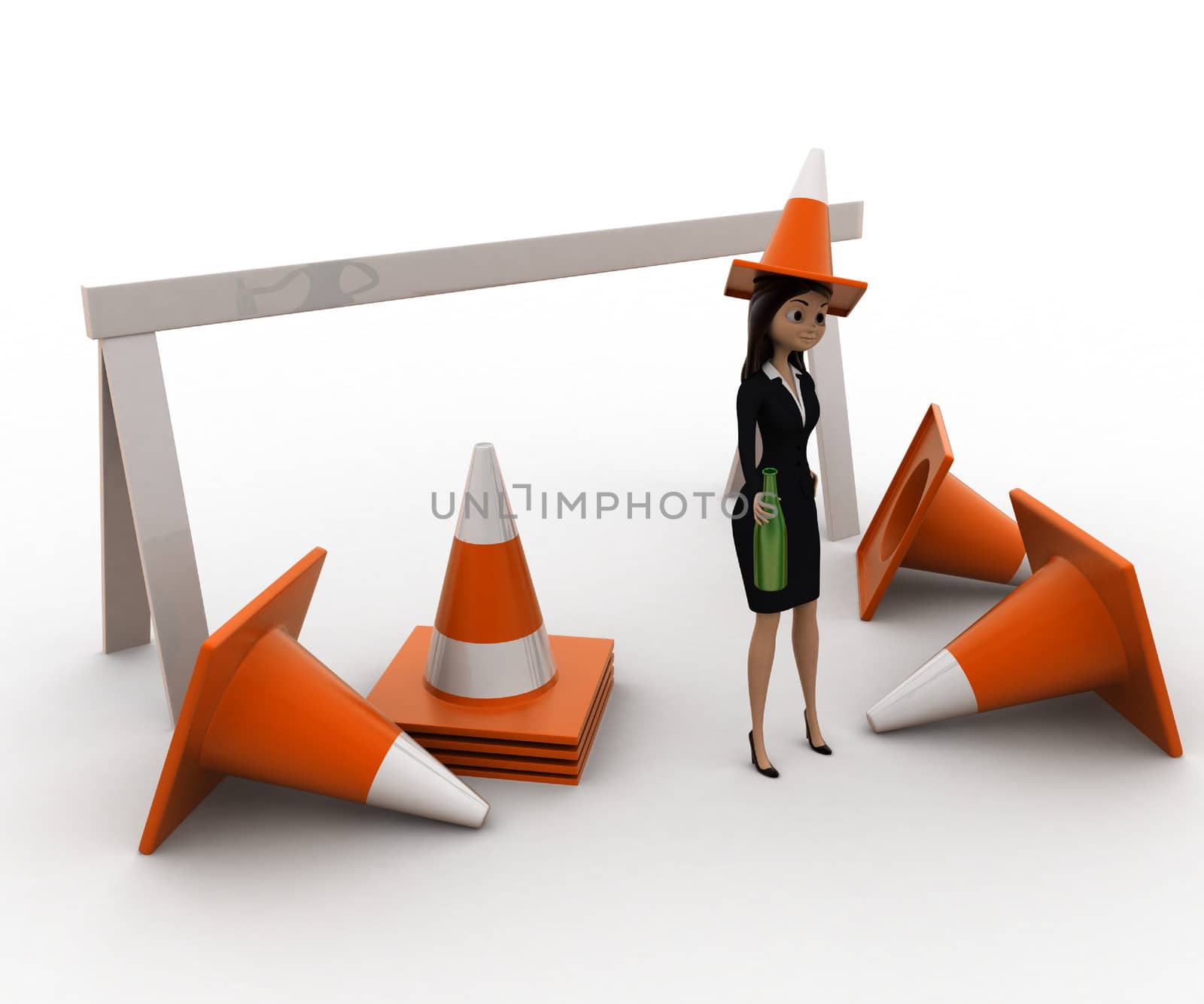 3d woman wear traffic cone as hat and with many traffic cone concept by touchmenithin@gmail.com