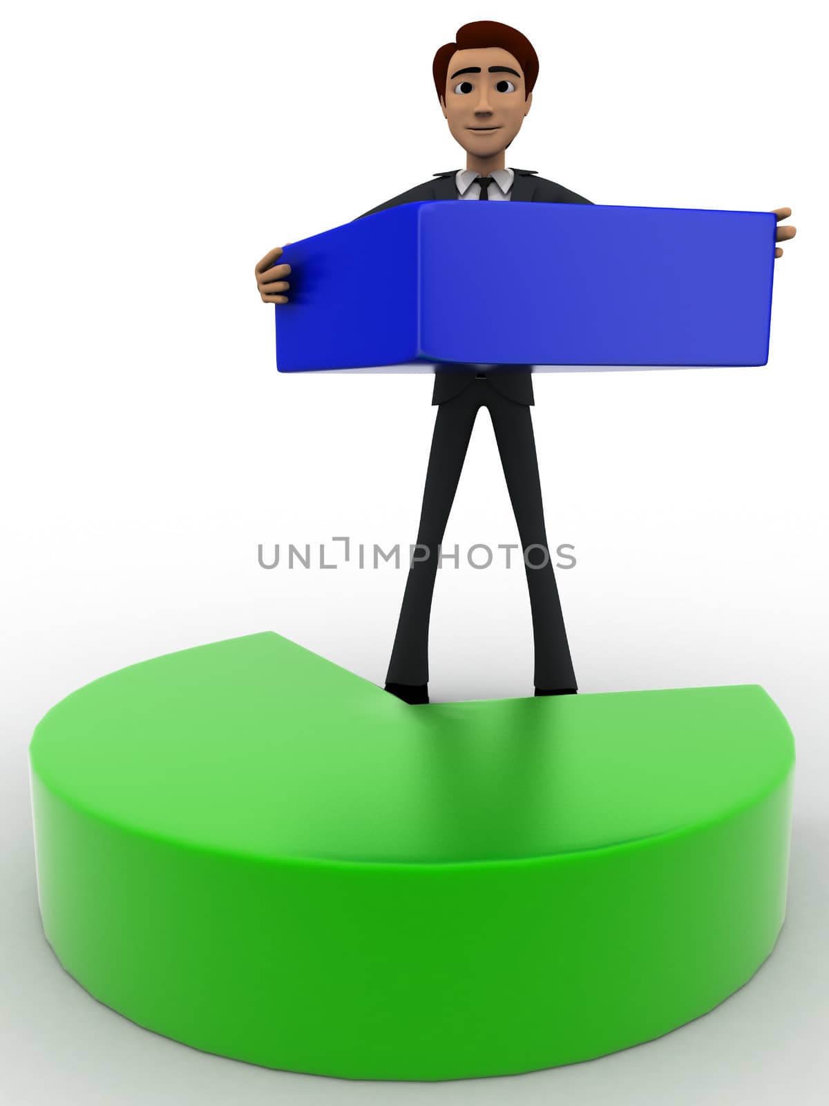3d man holding small blue part of pie graph concept on white background, front angle view