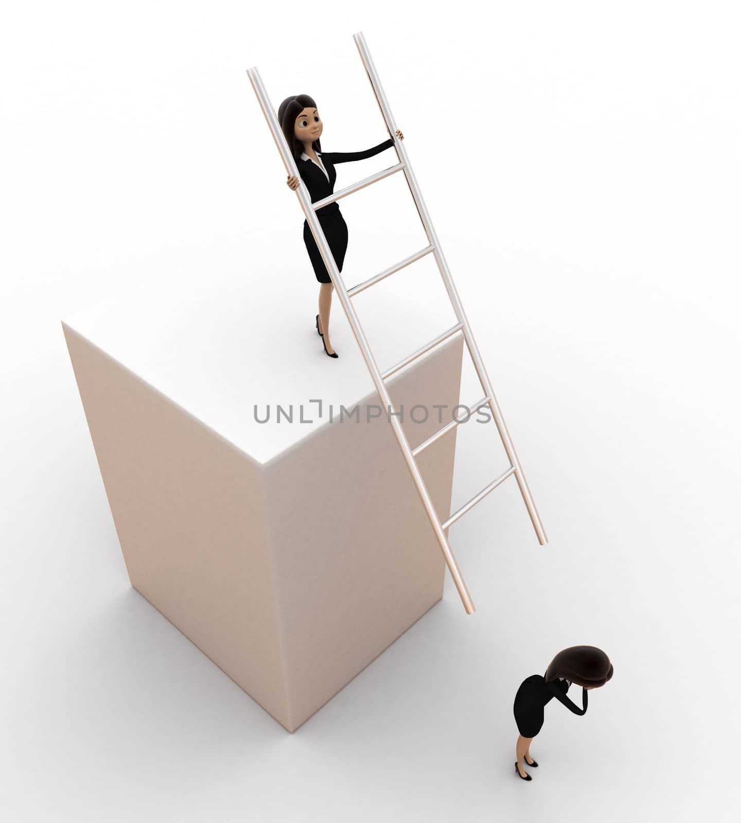 3d woman hit another woman with stairs from height concept on white background, top angle view
