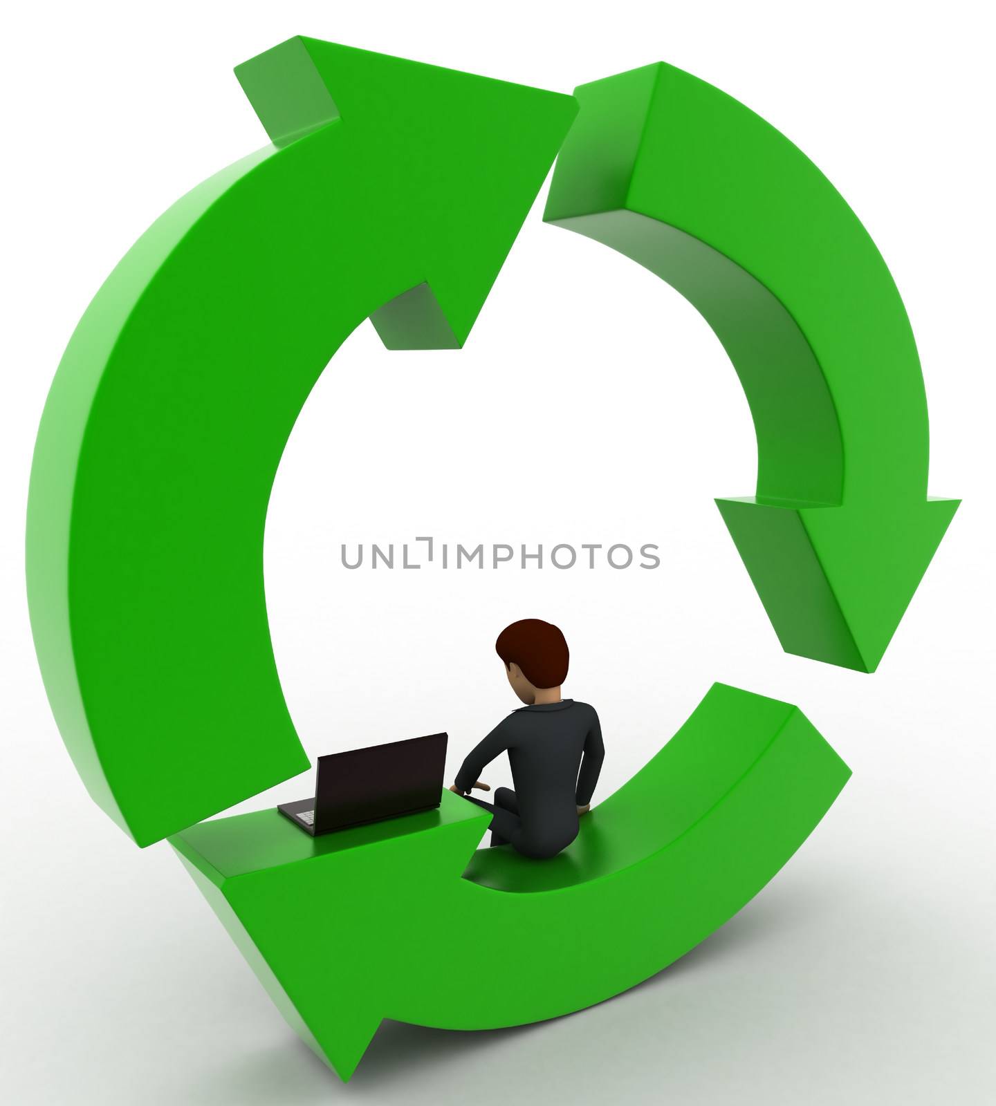3d man sitting inside green circular arrows concept on white background, back angle view