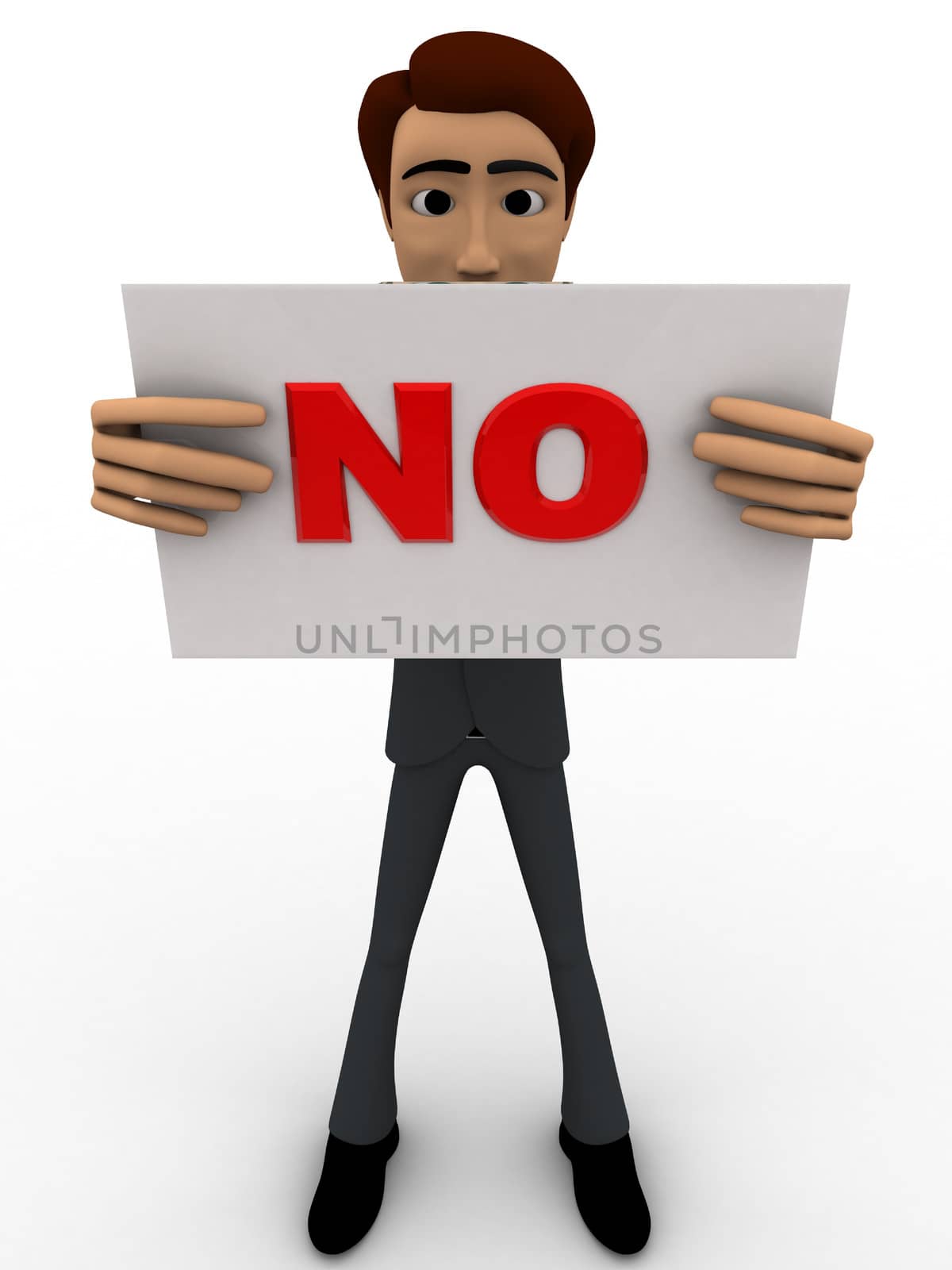 3d man with no sign board in hands concept on white background, front side angle view