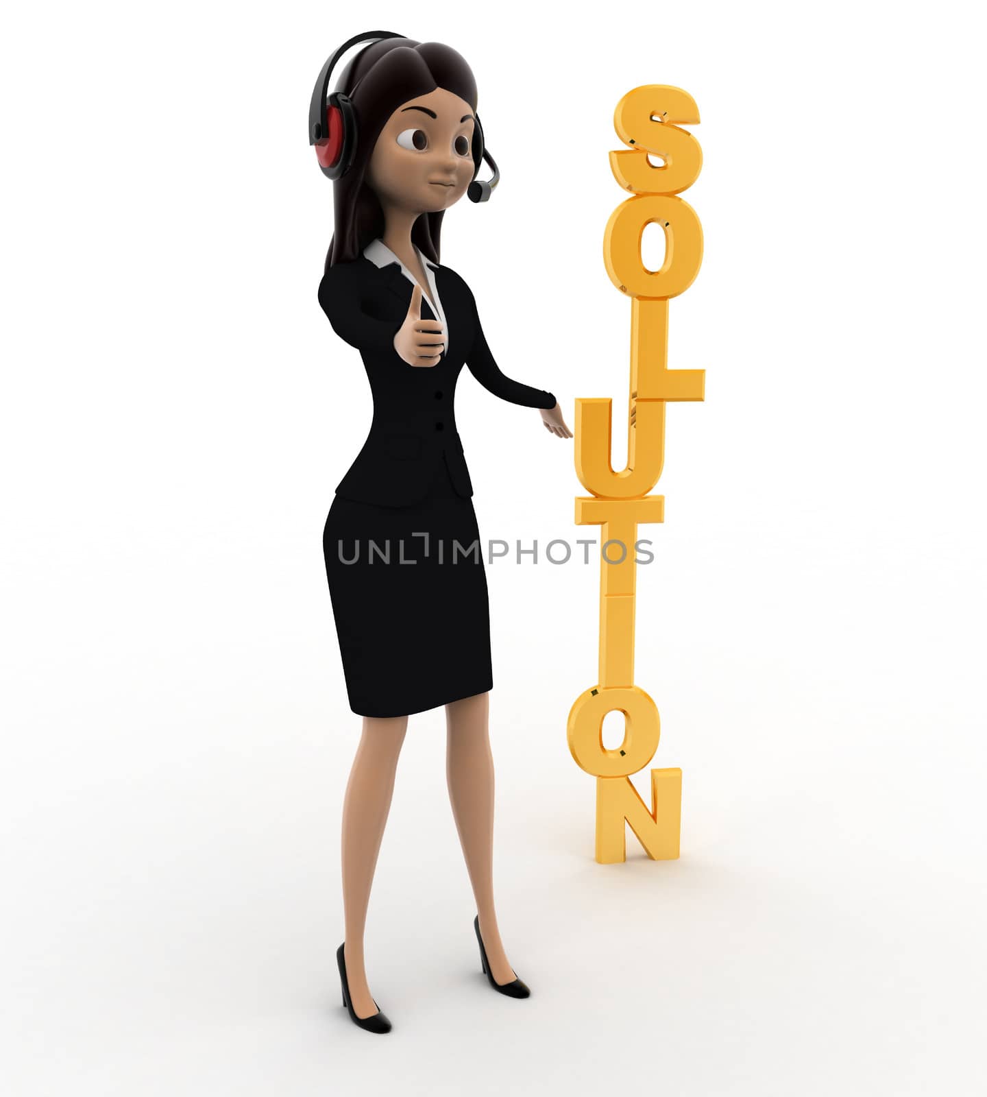 3d woman ready for solution service with headphone 24 and 7 concept on white background, side angle view