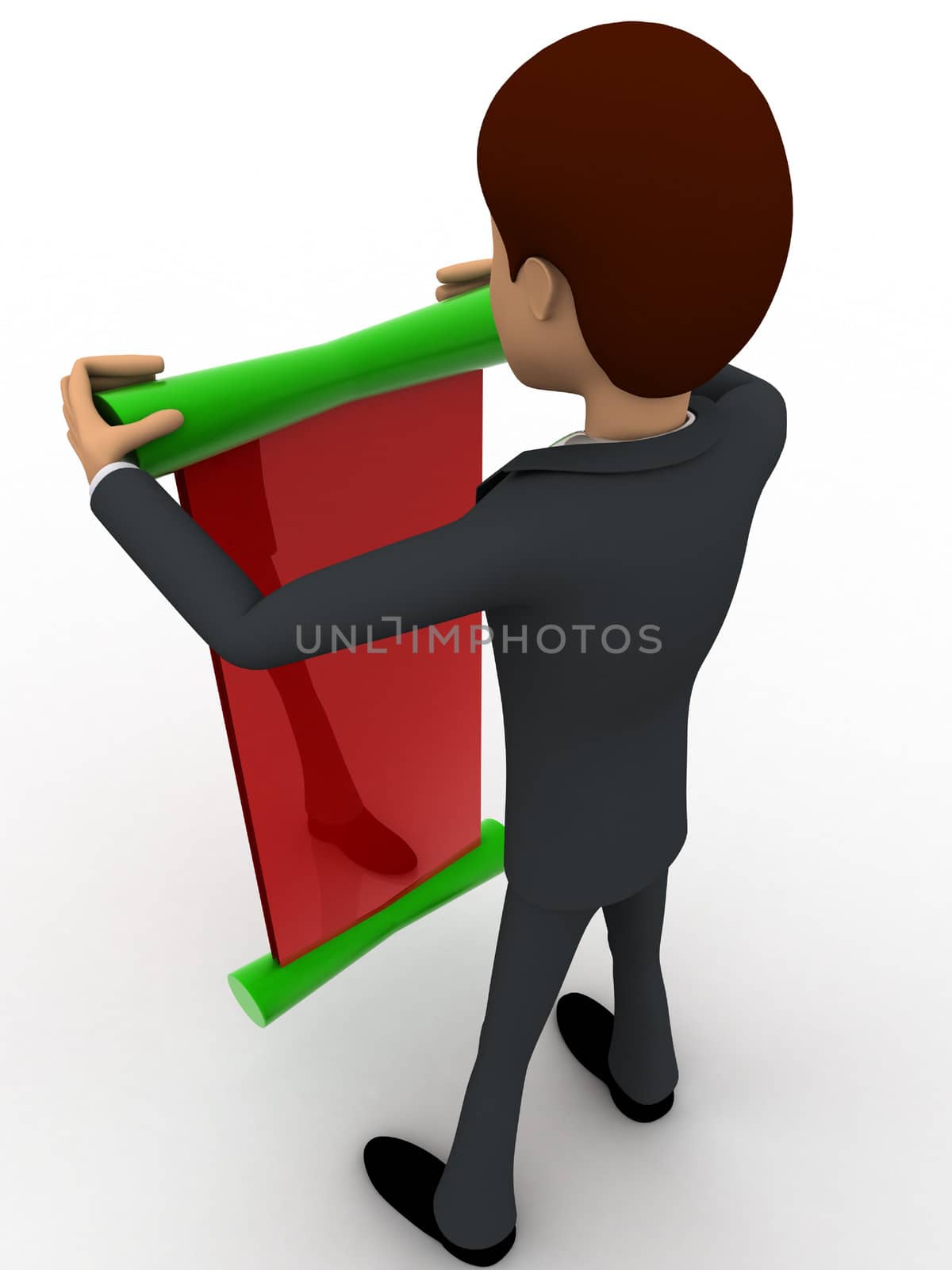 3d man with green and red paper scroll message concept on white background, back angle view