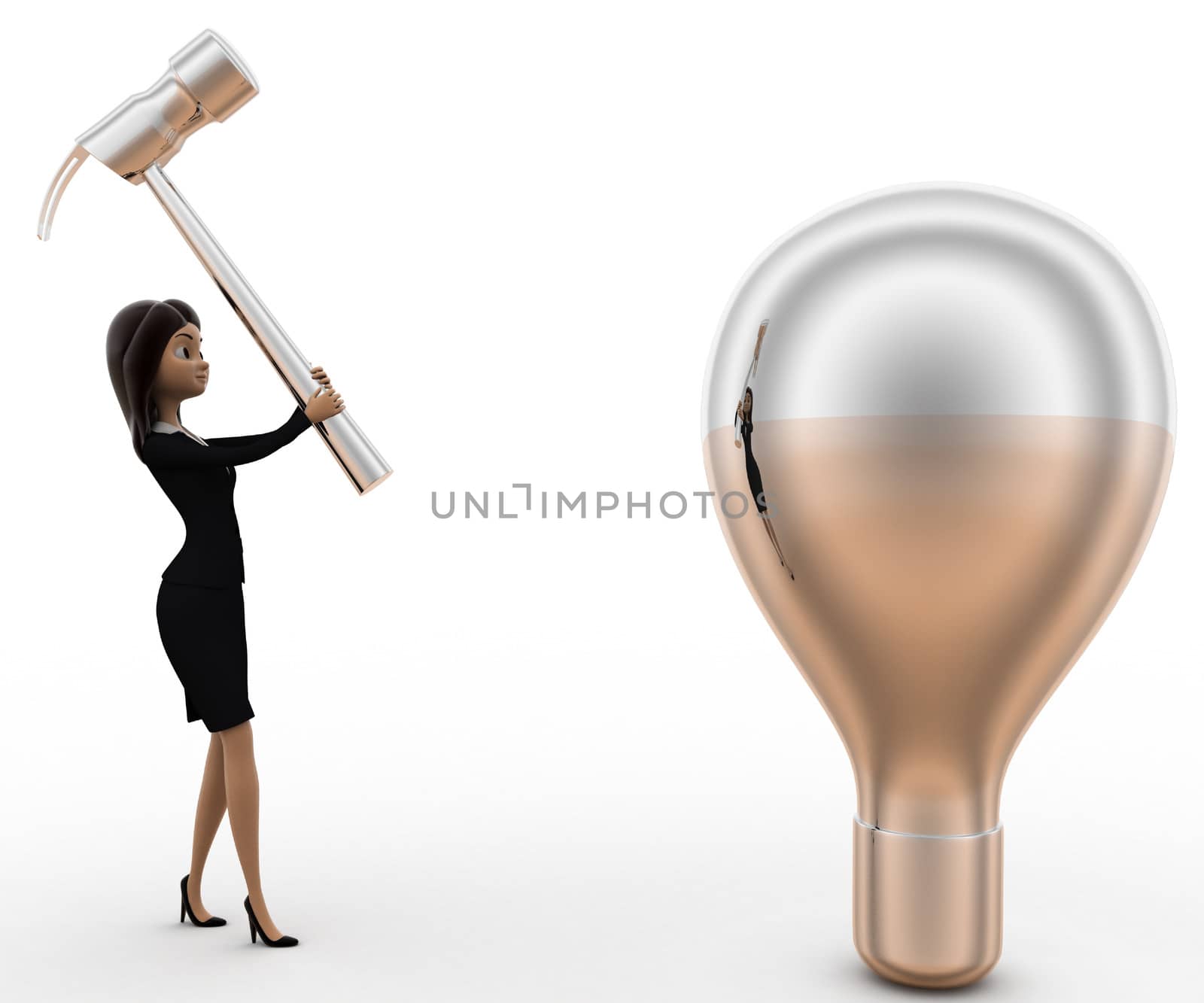 3d woman about hit silver bulb with big hammer concept on white background, side angle view