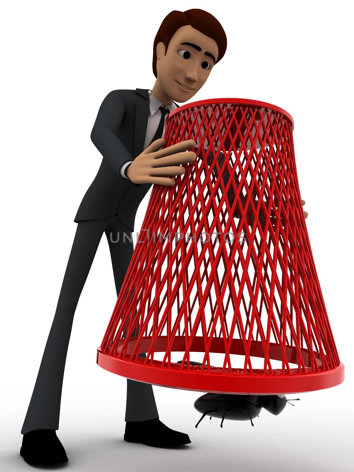 3d man catching flying bug with dustbin net concept by touchmenithin@gmail.com