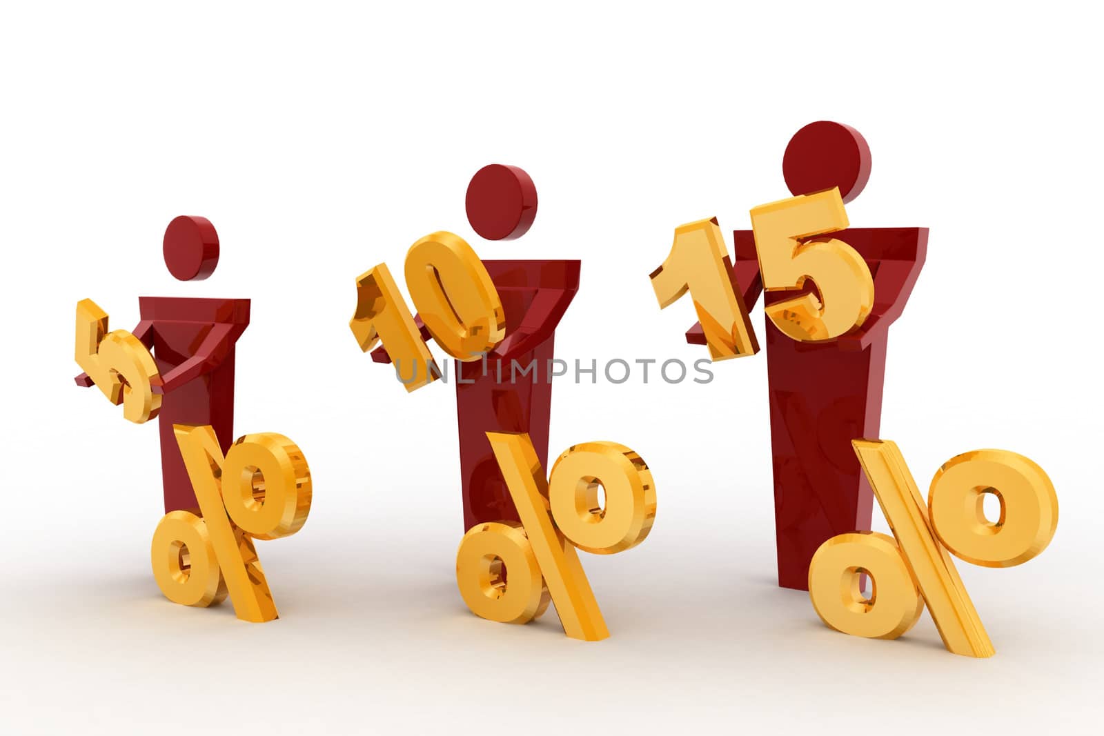 3d man with 5, 10 and 15 percentage discount concept on white background, side angle view