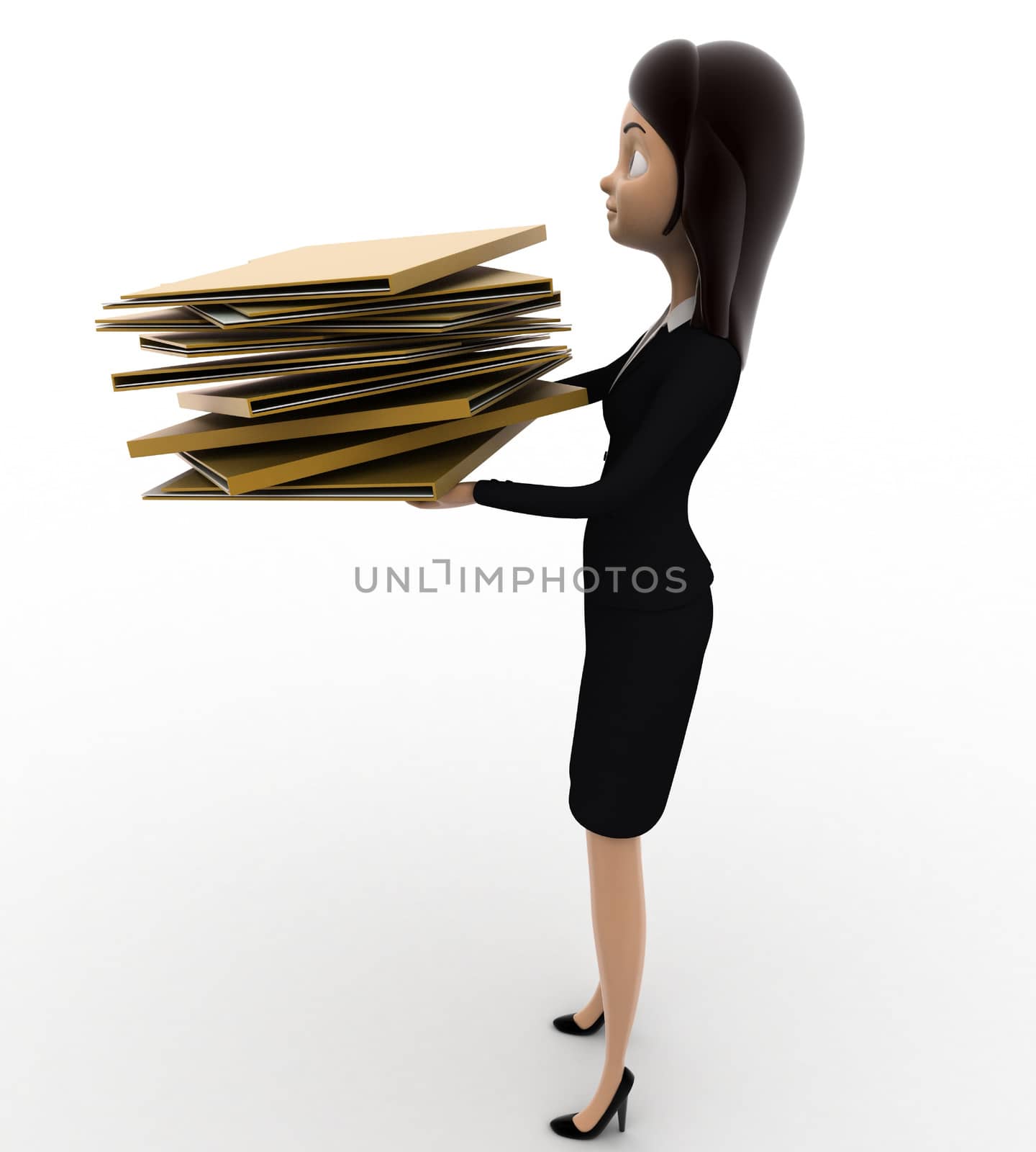 3d woman holding lots of file folders in hand concept on white background, side angle view
