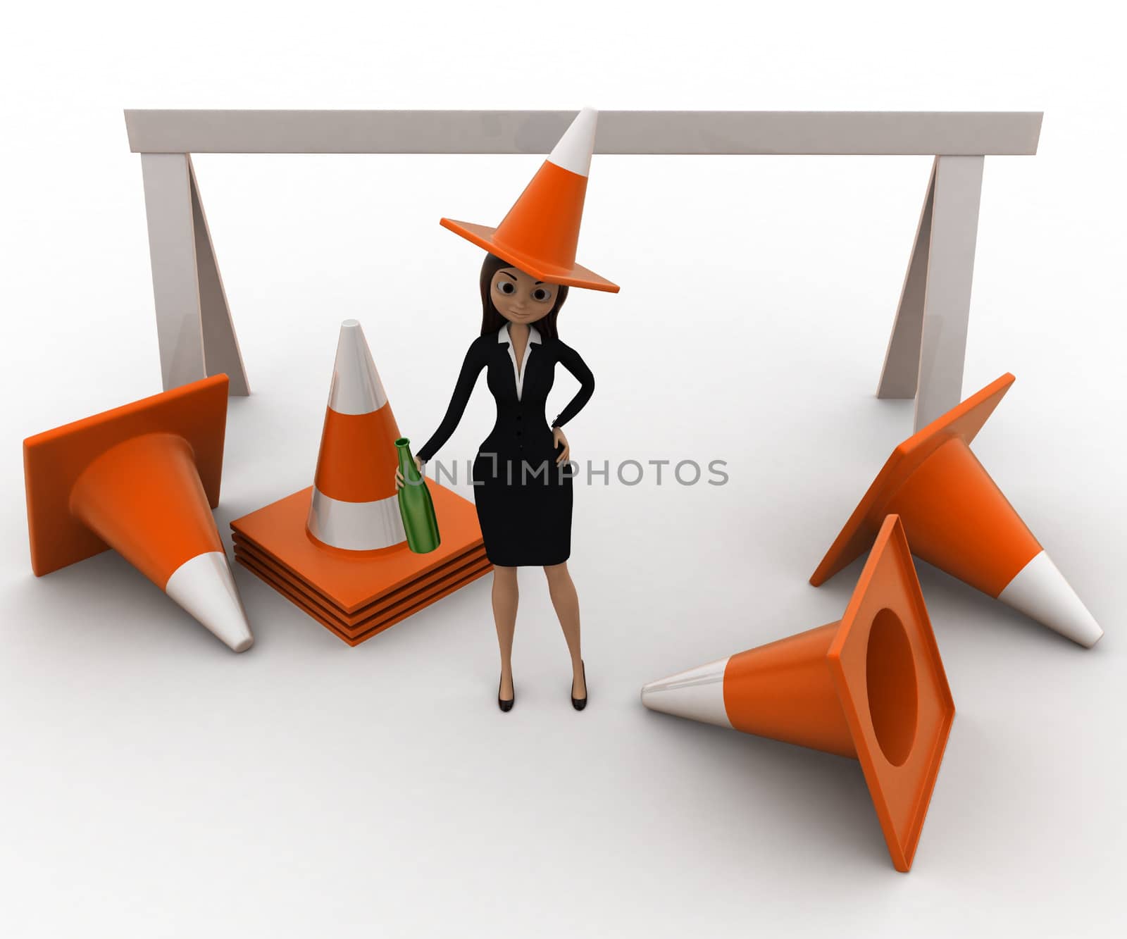 3d woman wear traffic cone as hat and with many traffic cone concept by touchmenithin@gmail.com