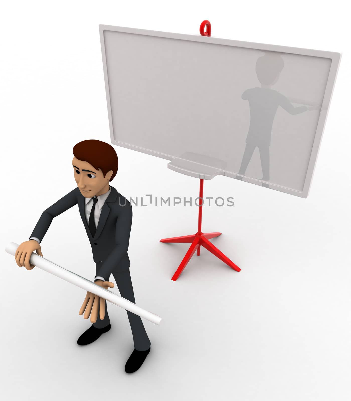 3d man with big stick in hand and presentation board concept on white background, top angle view