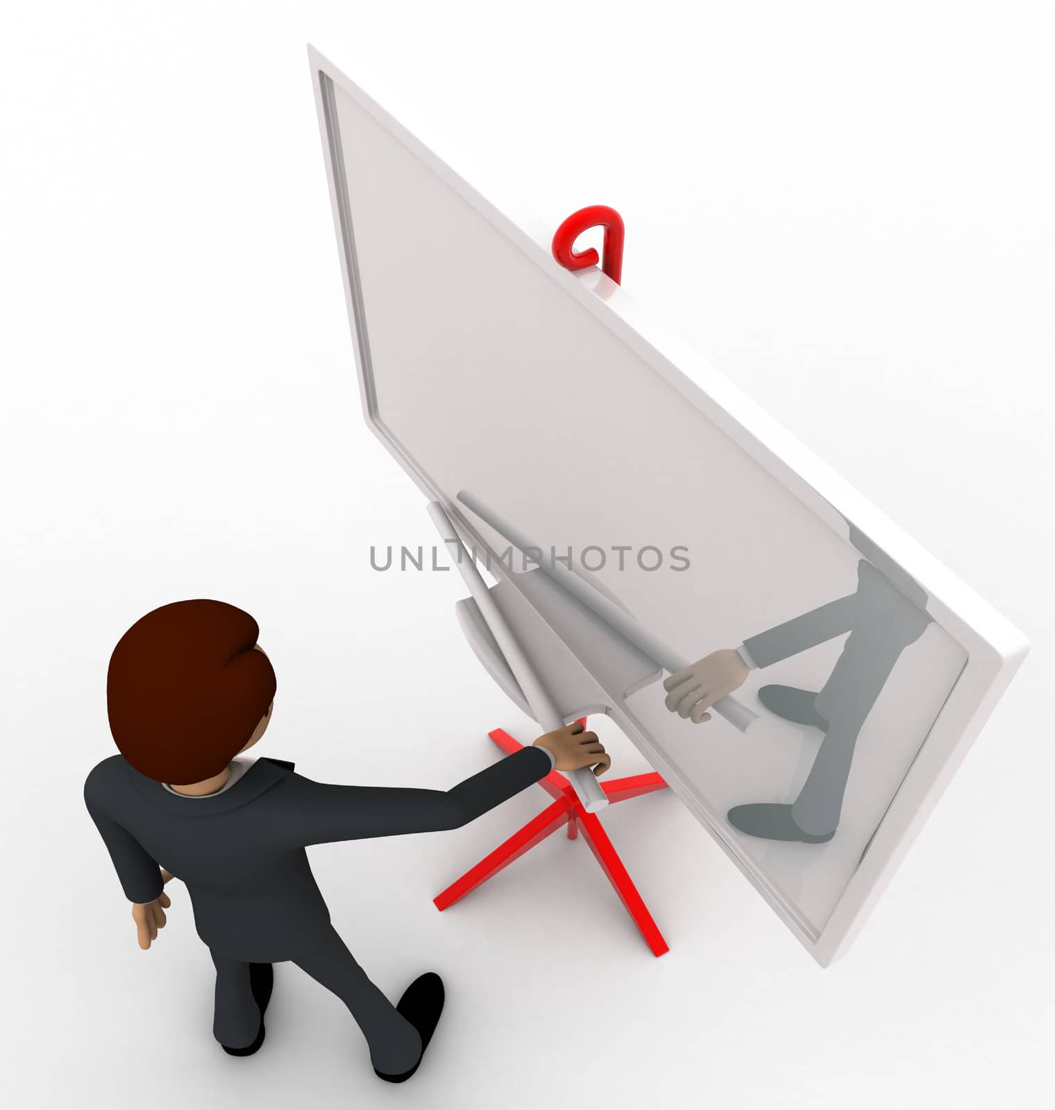 3d man with presentation board concept on white background, top side angle view