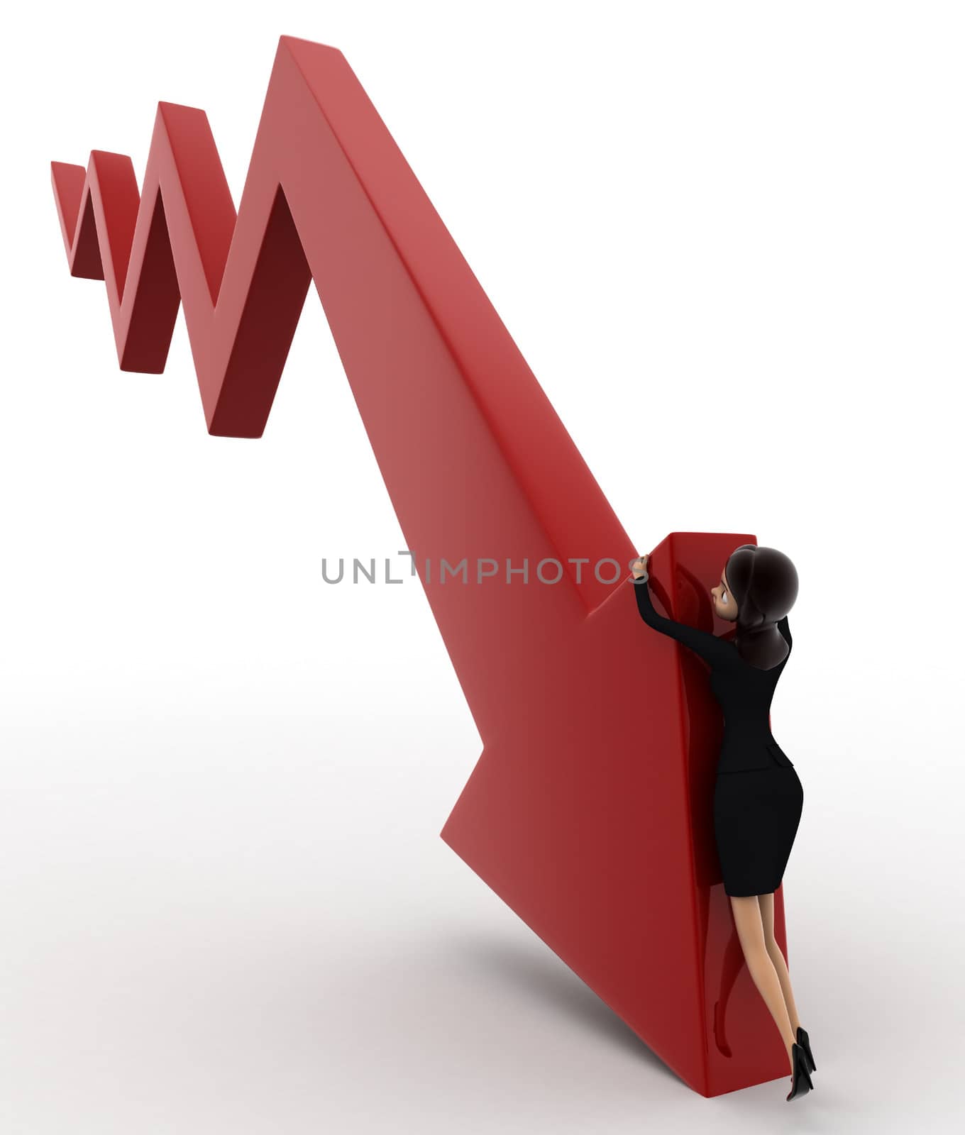 3d woman try to hold falling arrow graph concept on white background, side angle view