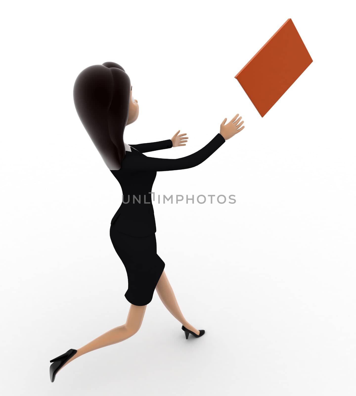 3d woman running after mail message concept on white background, back angle view