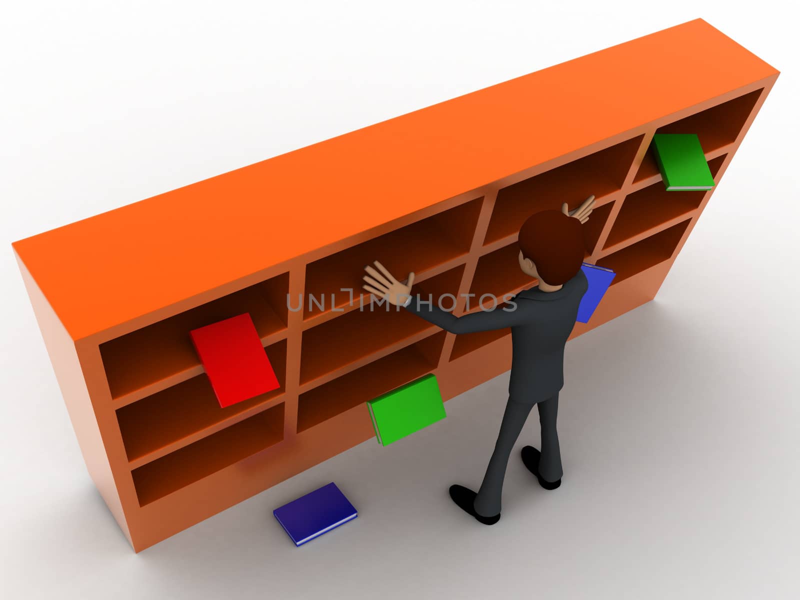 3d man under falling books and book shelf concept on white background, top angle view