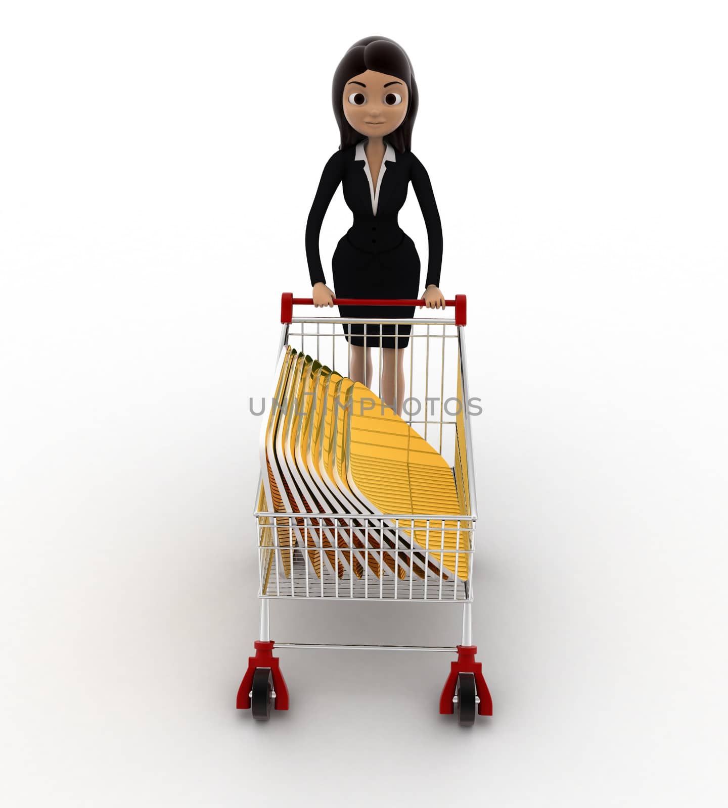 3d woman with shopping cart and cards concept on white background, front angle view