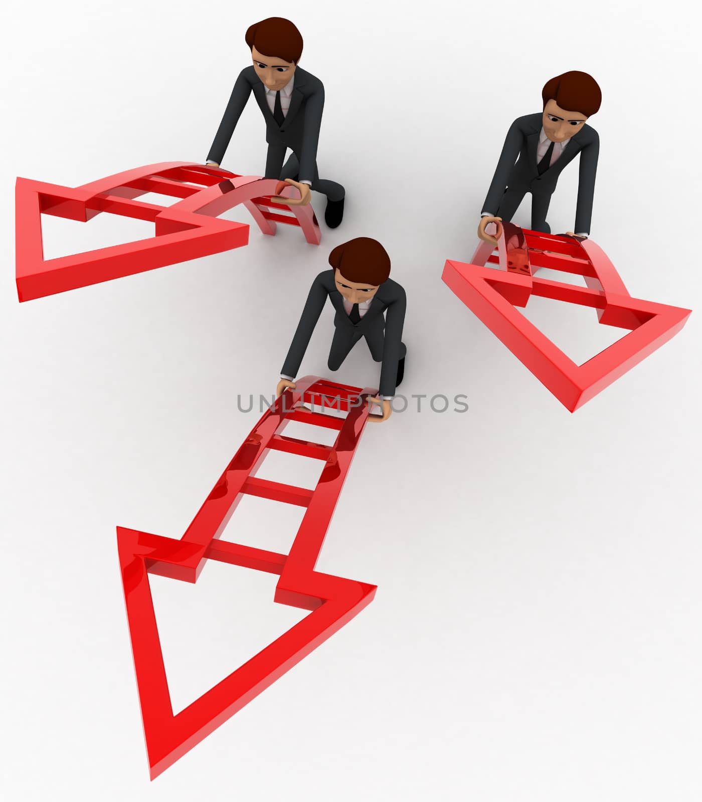 3d men ready climb up arrow stairs concept on white background,top  angle view