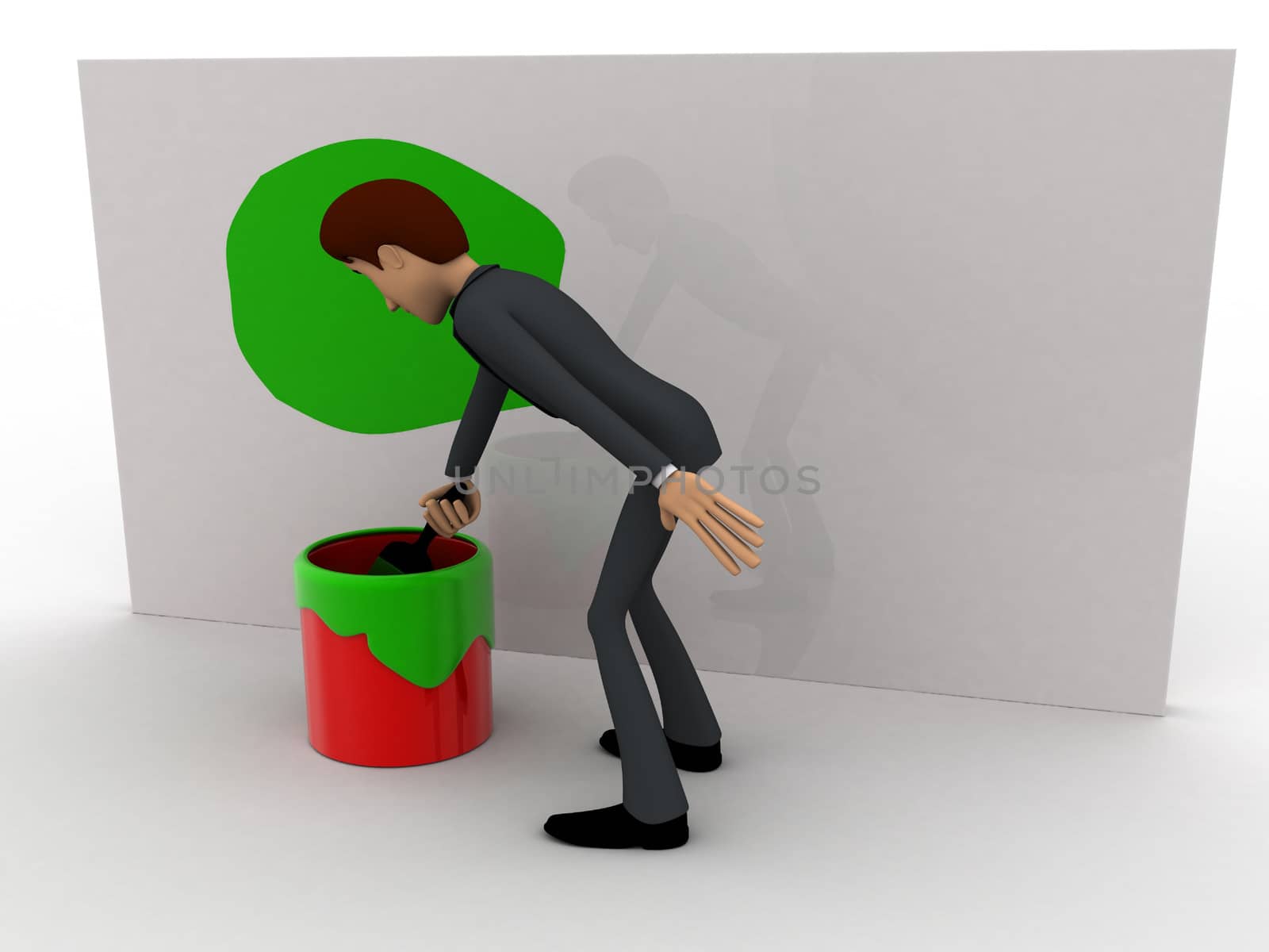 3d man painting green on wall using brush and paint bucket concept on white background, front angle view