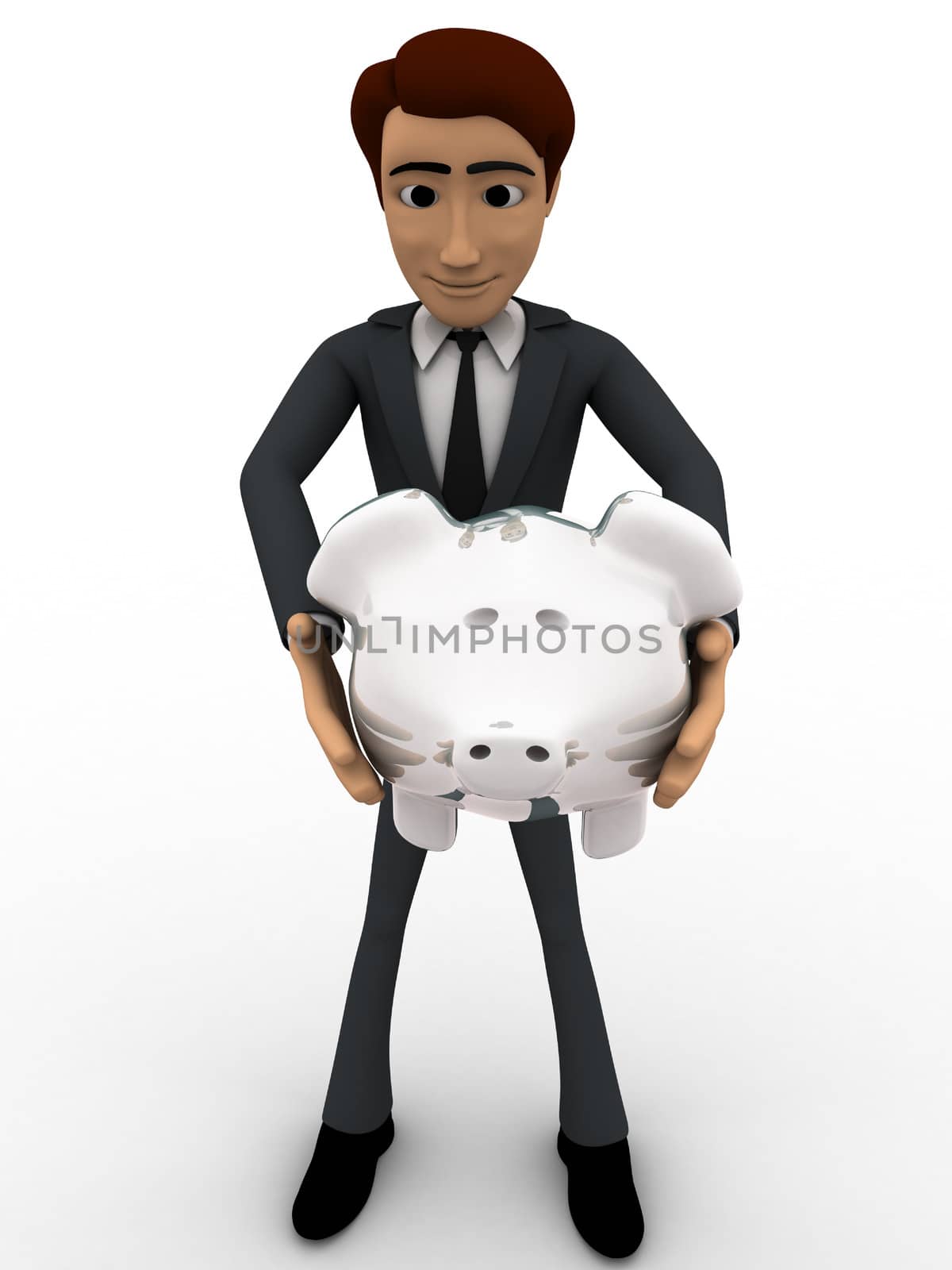 3d man holding piggybank in hand concept on white background, front side angle view