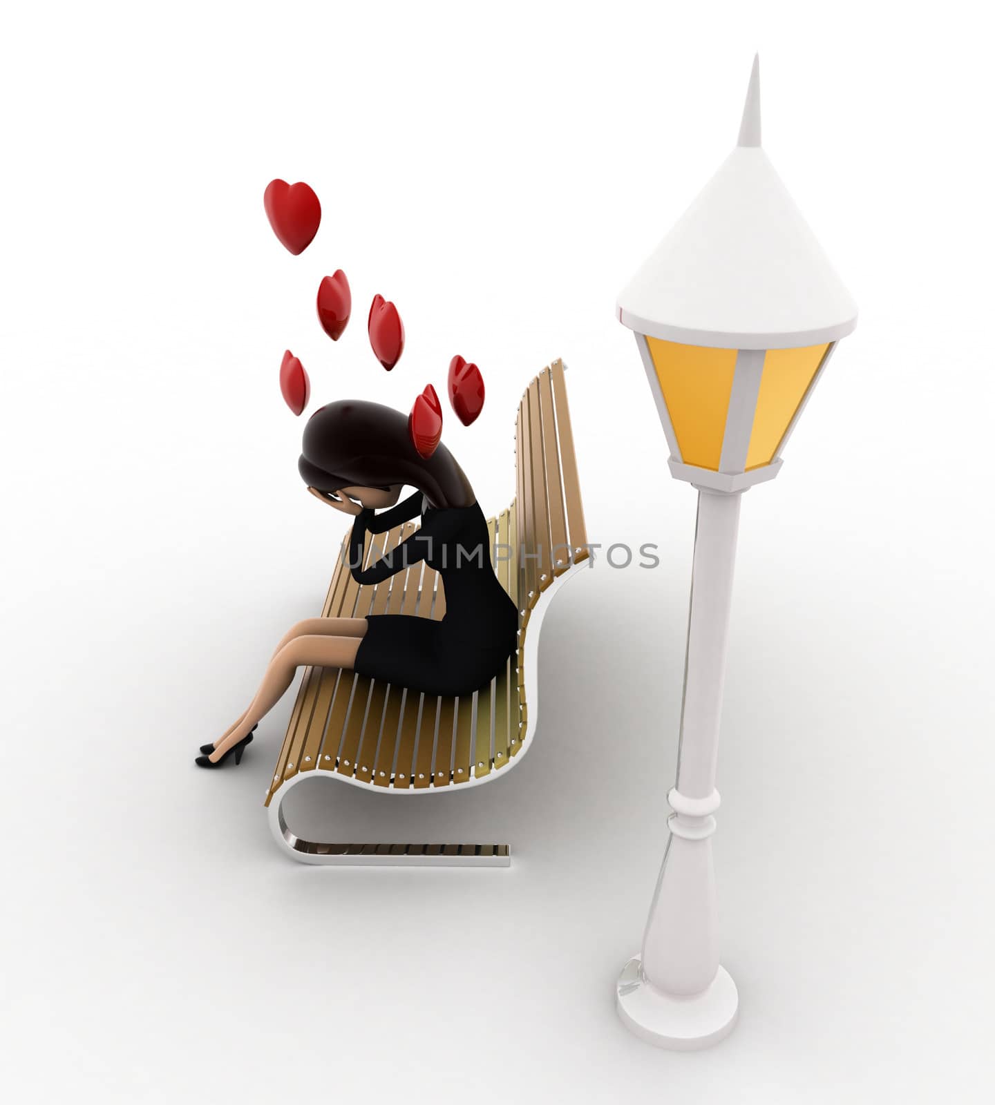 3d woman sitting on batch and in love with hearts flying concept by touchmenithin@gmail.com