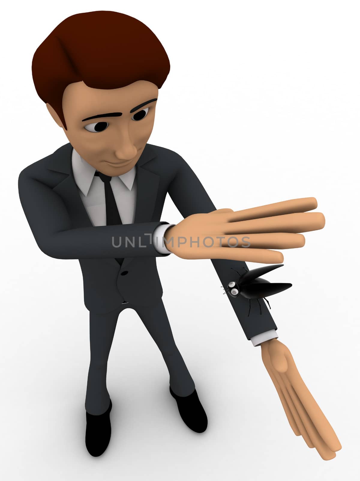 3d man about hit and kill bug with one hand concept on white background, top angle view